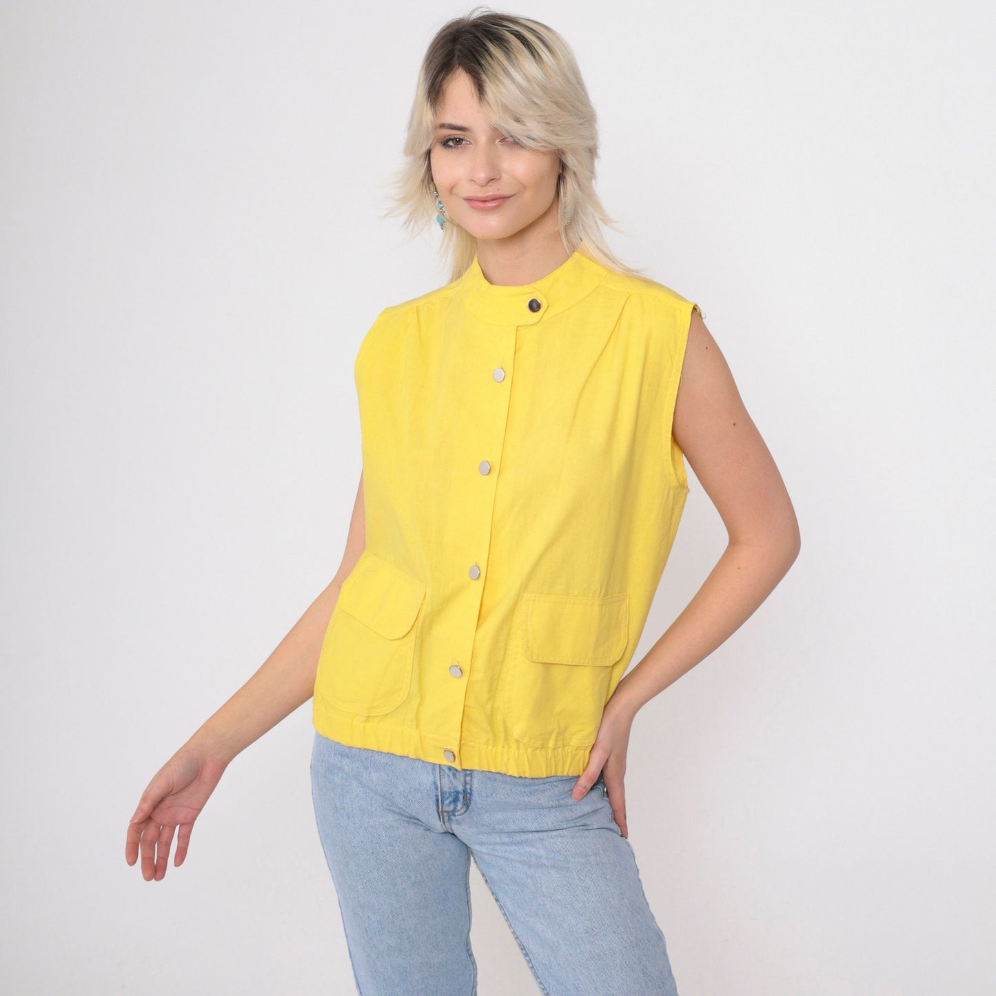 80s Jess Yellow Utility Tank Top Button-Up Vest Silver Banded Collar Medium