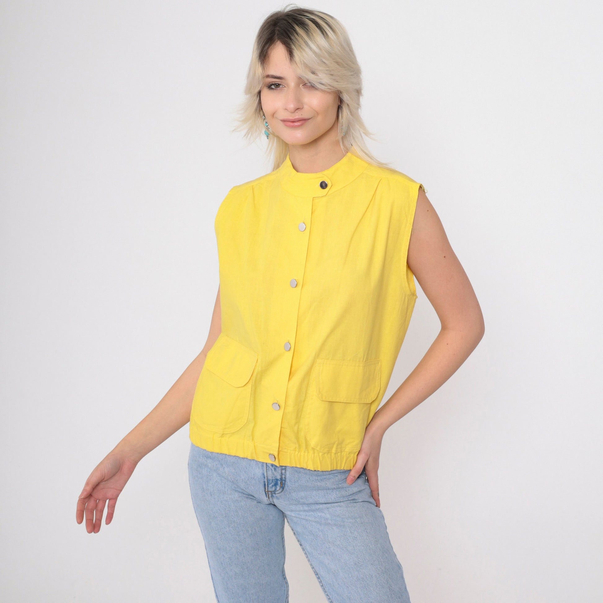 80s Jess Yellow Utility Tank Top Button-Up Vest Silver Banded Collar Medium