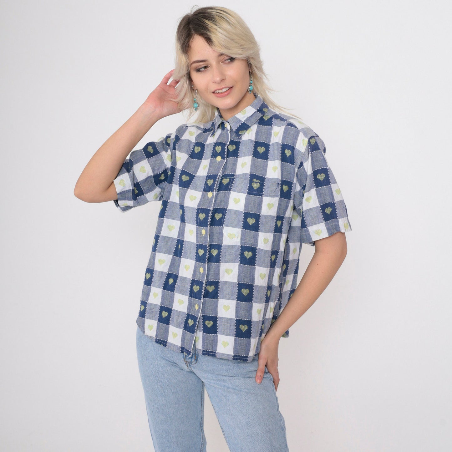 90s Blue Buffalo Plaid Shirt Embroidered Hearts Button Up Petite Medium