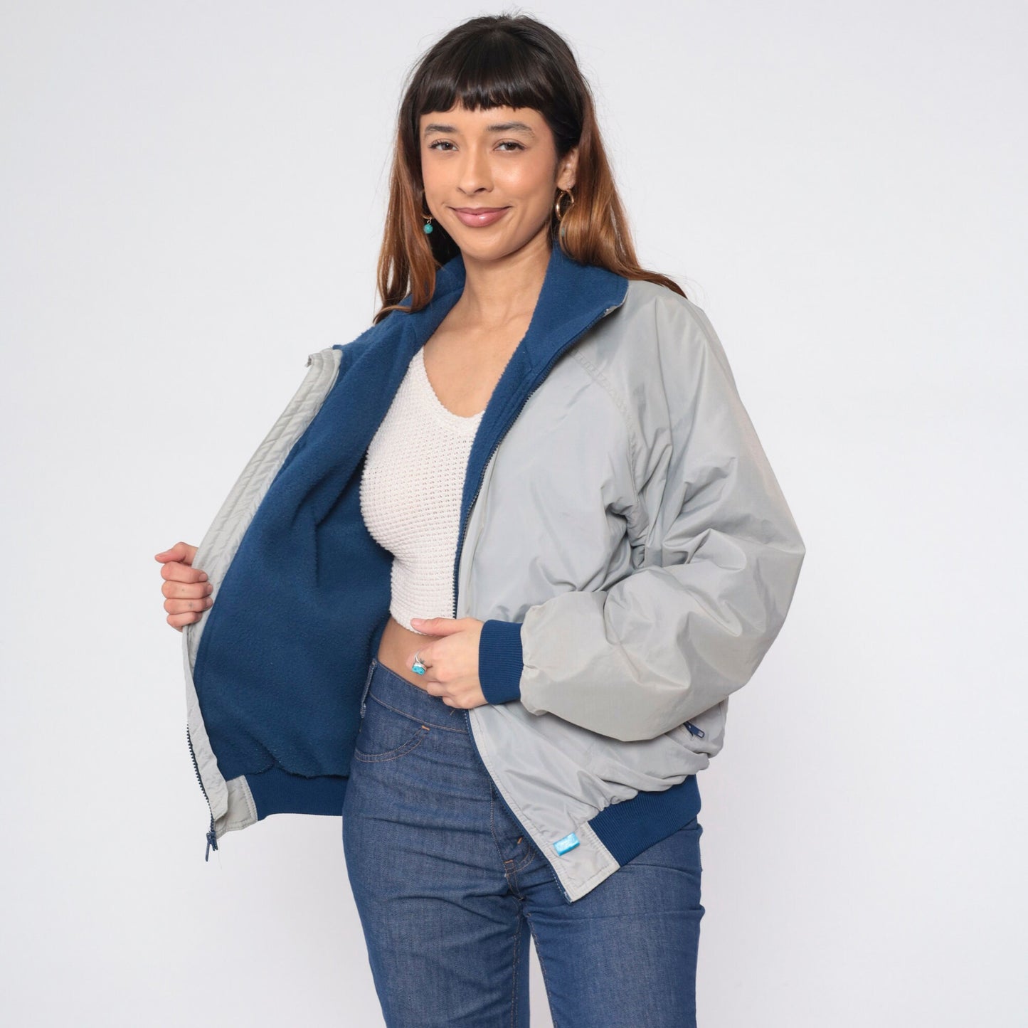 90s Grey Windbreaker Jacket Blue Fleece Lined Raglan Sleeve Large L