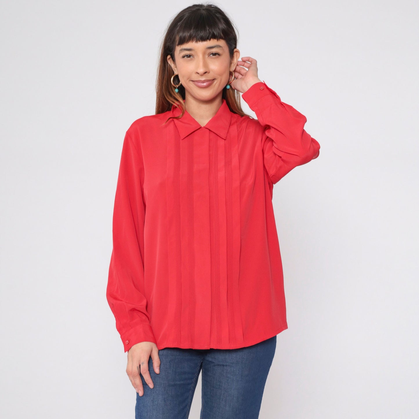 90s Red Pleated Button-Up Blouse Collared Long Sleeve Preppy Large