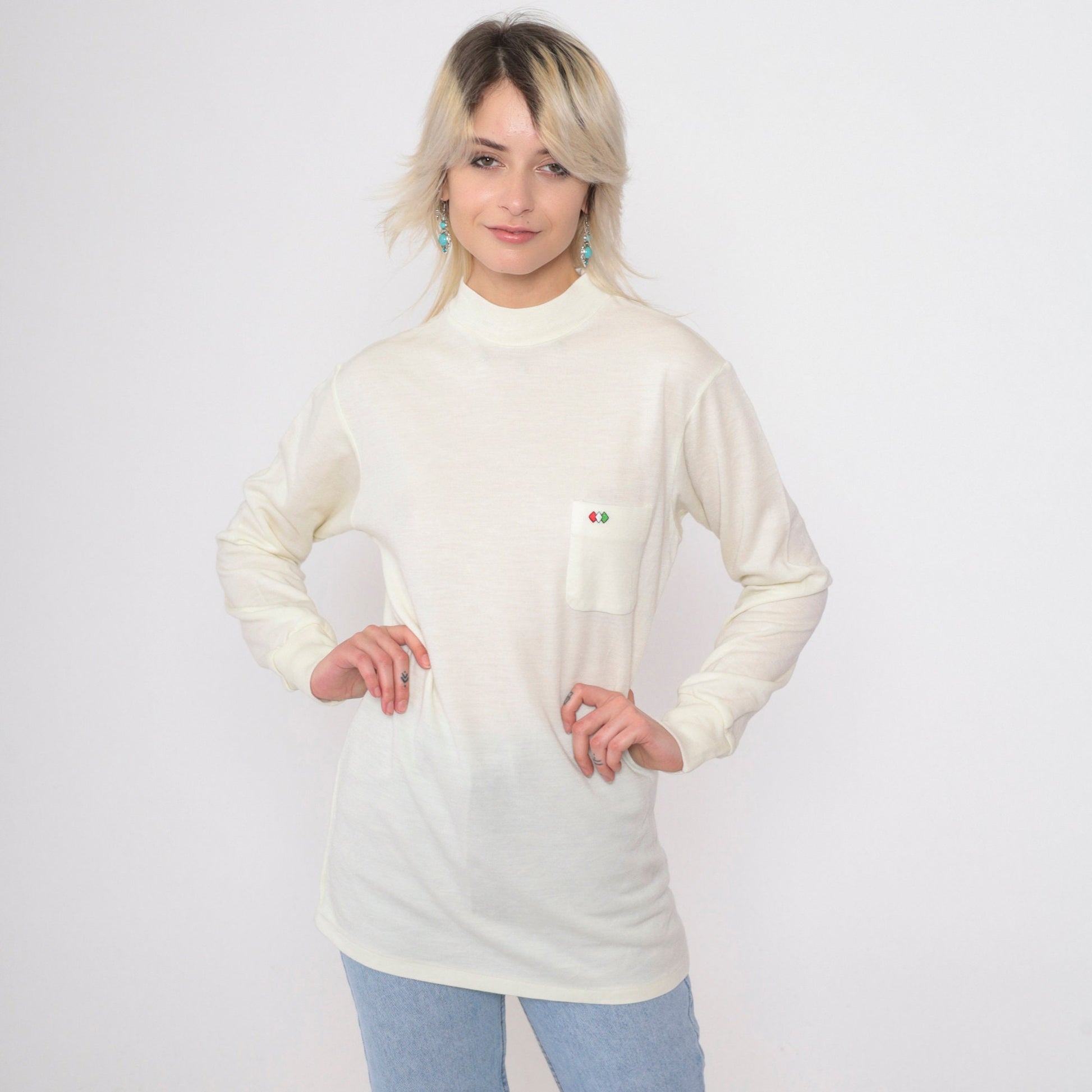 80s Mock Neck Shirt Cream Diamond Pocket Long Sleeve Top Small