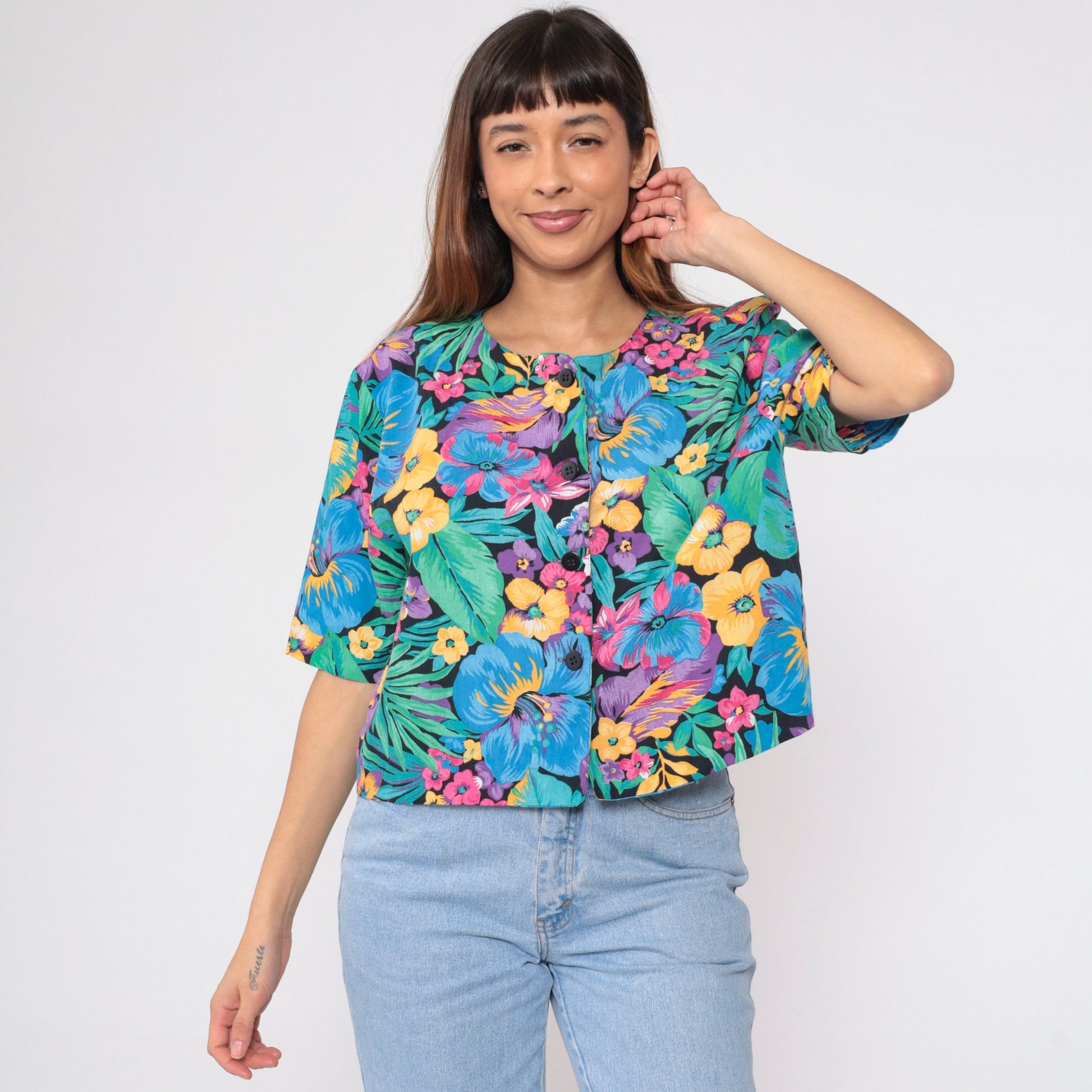 90s Black Tropical Floral Crop Top Button-Up Blouse Short Sleeve Large L