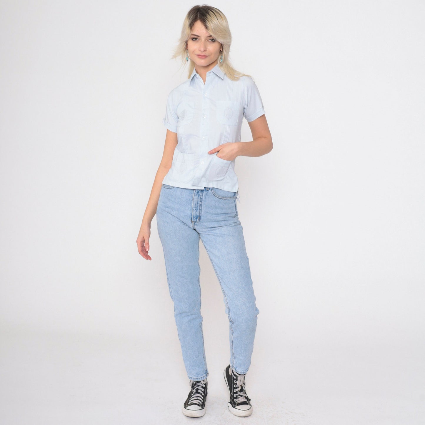 80s Baby Blue Embroidered Pintuck Button-Up Shirt Short Sleeve XXS