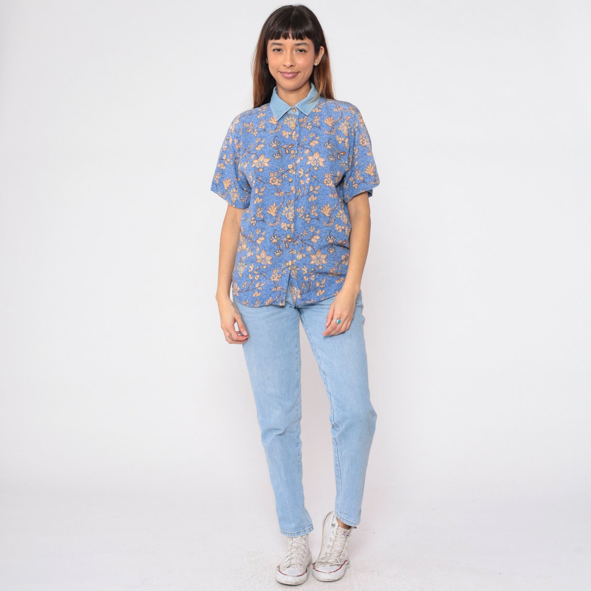 90s Blue Floral Button-Up Blouse Denim Collar Short Sleeve Small S