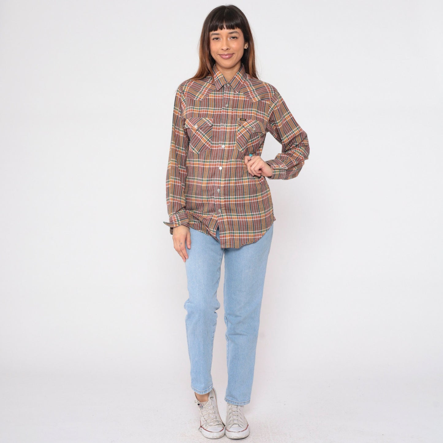 90s Lee Plaid Western Button-Up Shirt Long Sleeve Checkered Yoke Medium M