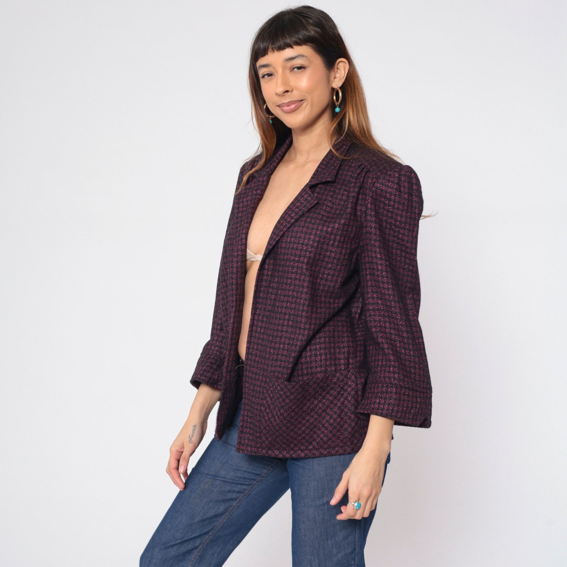 90s Metallic Checkered Blazer Pink Black Open Front Wool Blend Large L