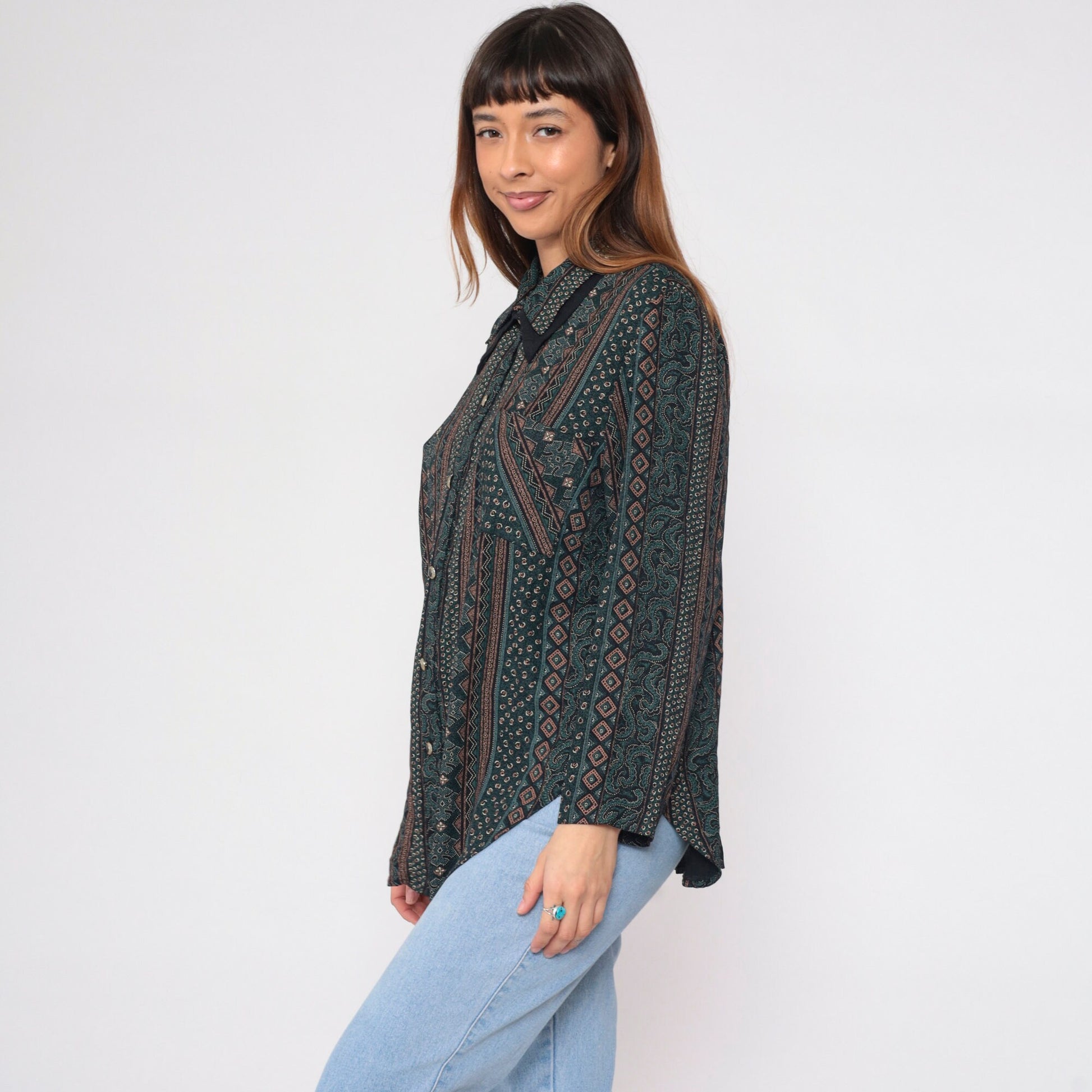 90s Striped Abstract Print Button-Up Blouse Layered Collar Long Sleeve Plus Size XXL