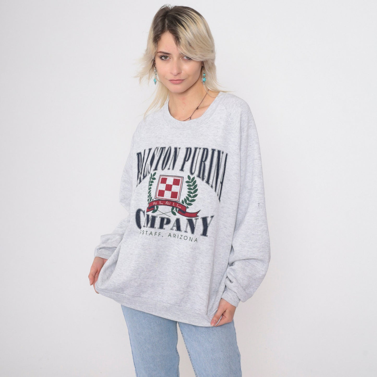 90s Ralston Purina Flagstaff Arizona Logo Sweatshirt Heather Grey Raglan Extra Large XXL