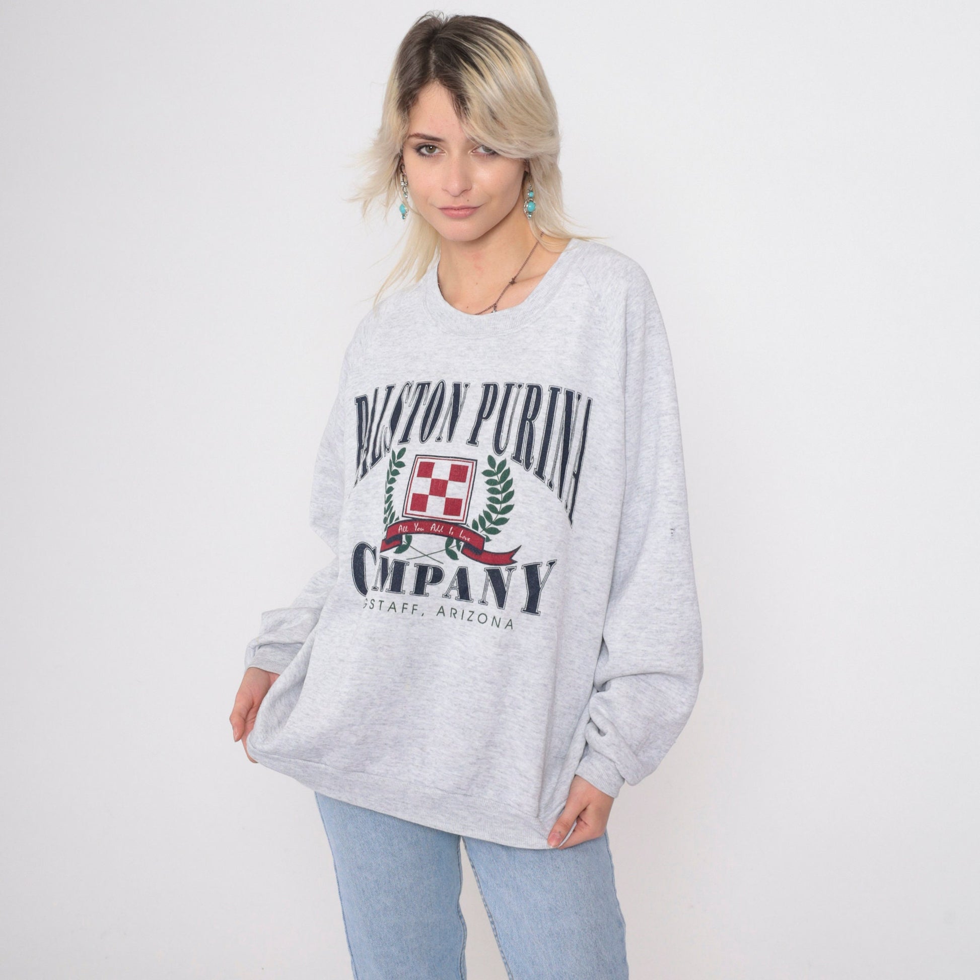 90s Ralston Purina Flagstaff Arizona Logo Sweatshirt Heather Grey Raglan Extra Large XXL