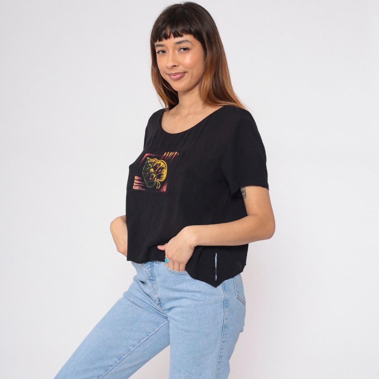 90s Black Leaf Patch Blouse Short Sleeve Button Side Slit Rayon Top Medium
