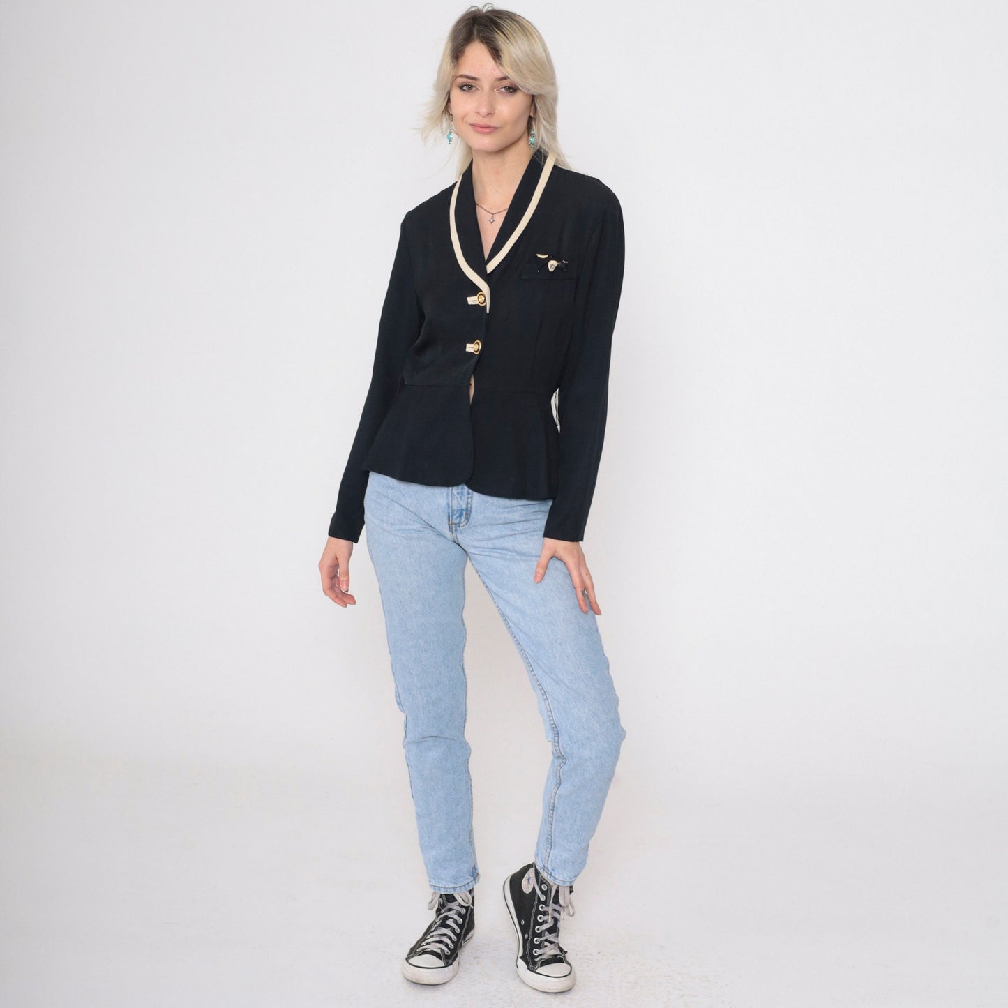 90s Black Blazer with Cream Trim Peplum Jacket Gold Buttons Small