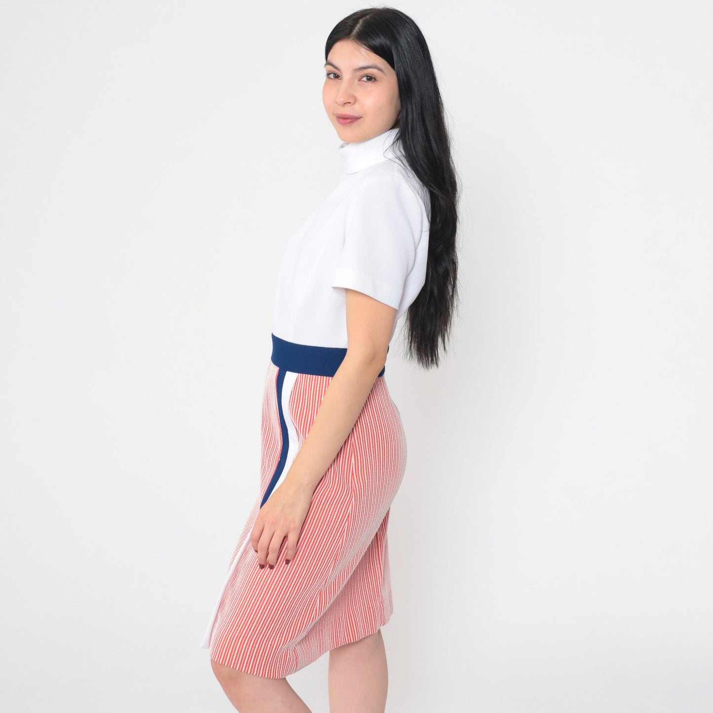 60s Striped Shift Dress Mock Neck Mini Red White Navy Blue Medium M