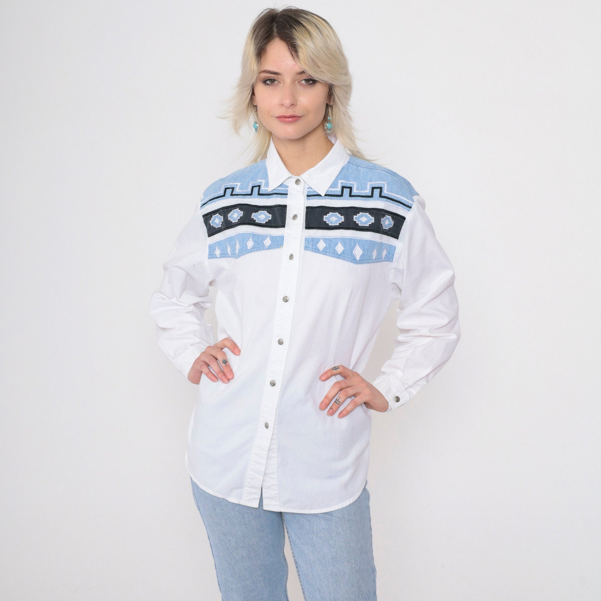 90s Adobe Rose Southwestern Embroidered Button Up Blouse White Cotton Large L
