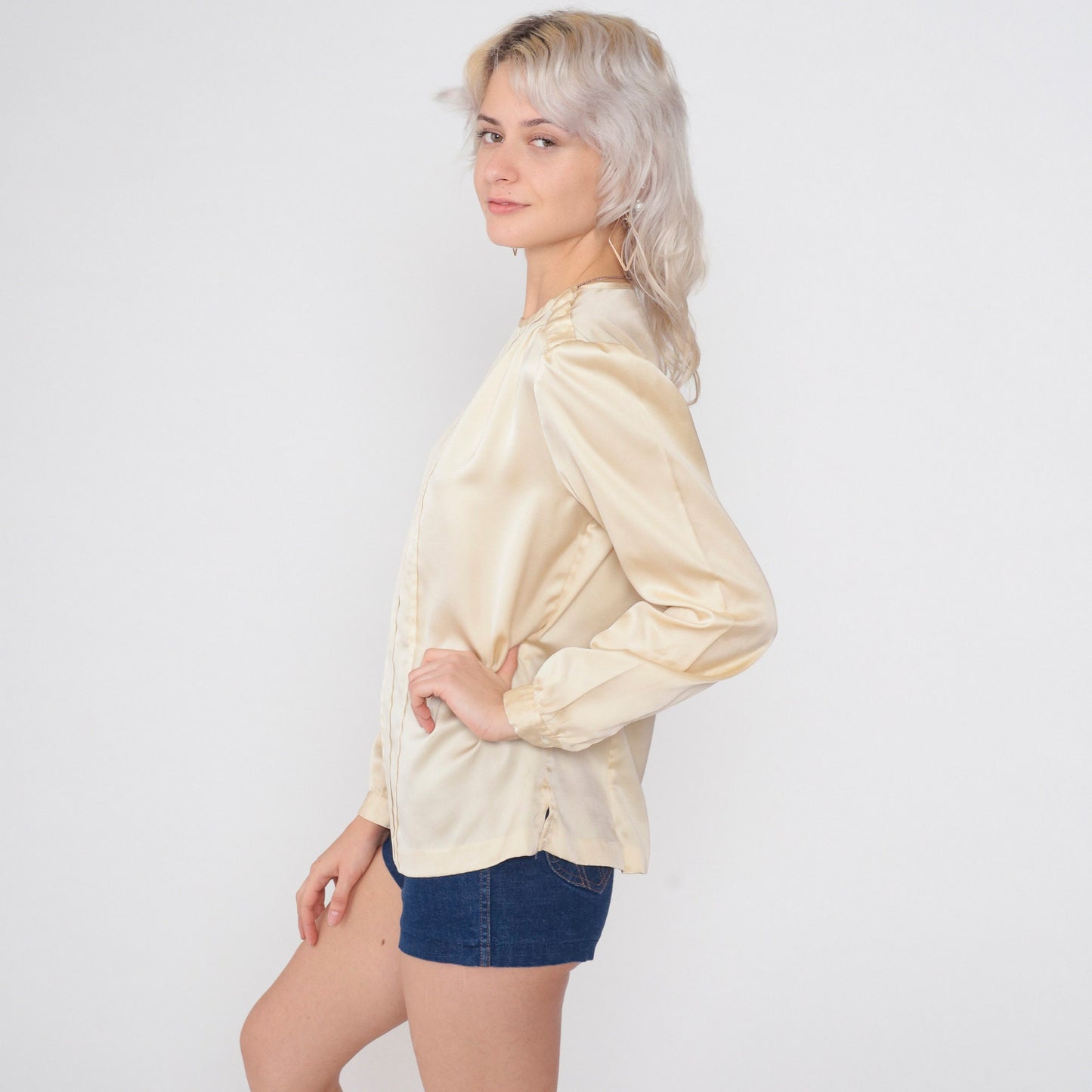 80s Cream Satin Blouse Puff Sleeve Pleated Shoulder Button Medium