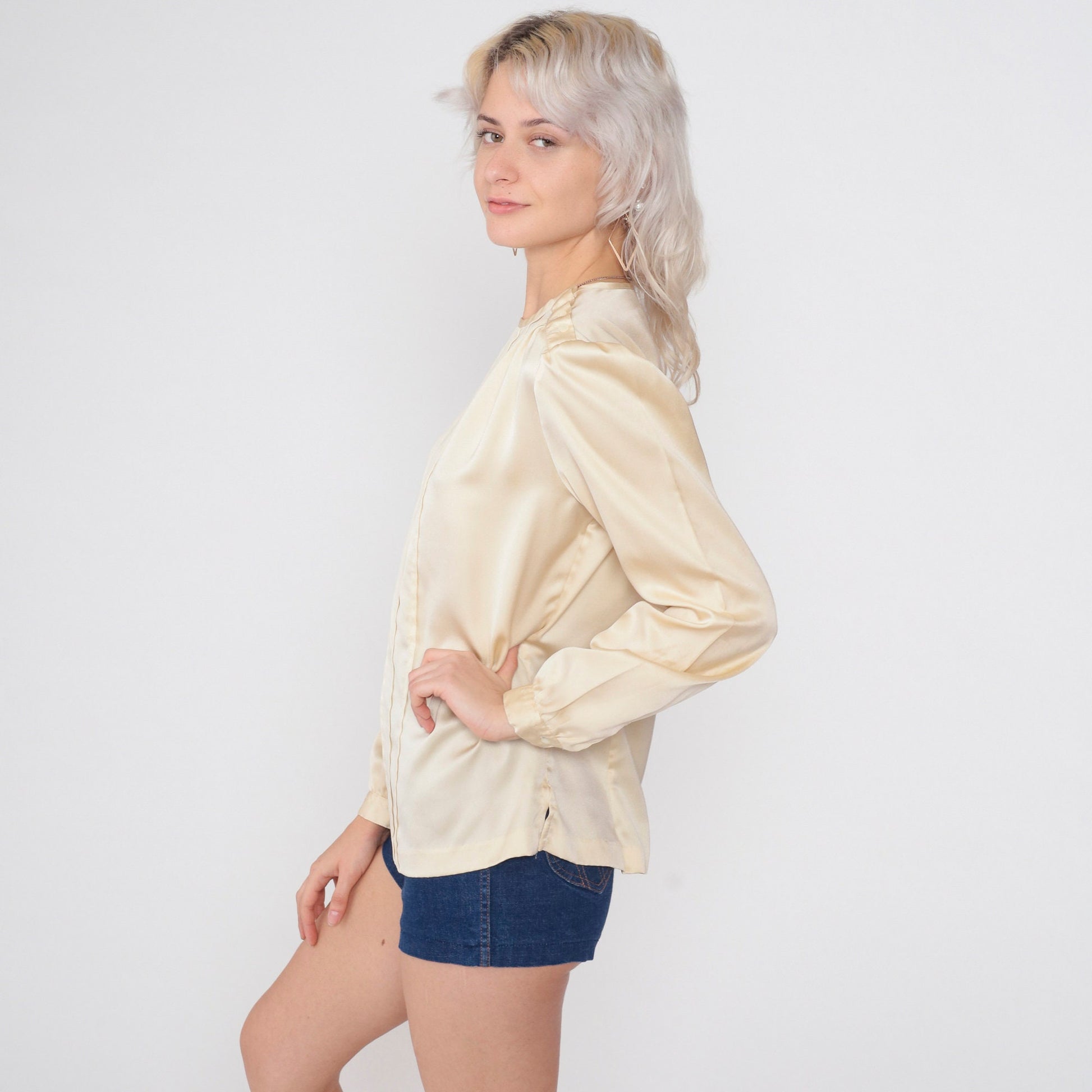 80s Cream Satin Blouse Puff Sleeve Pleated Shoulder Button Medium