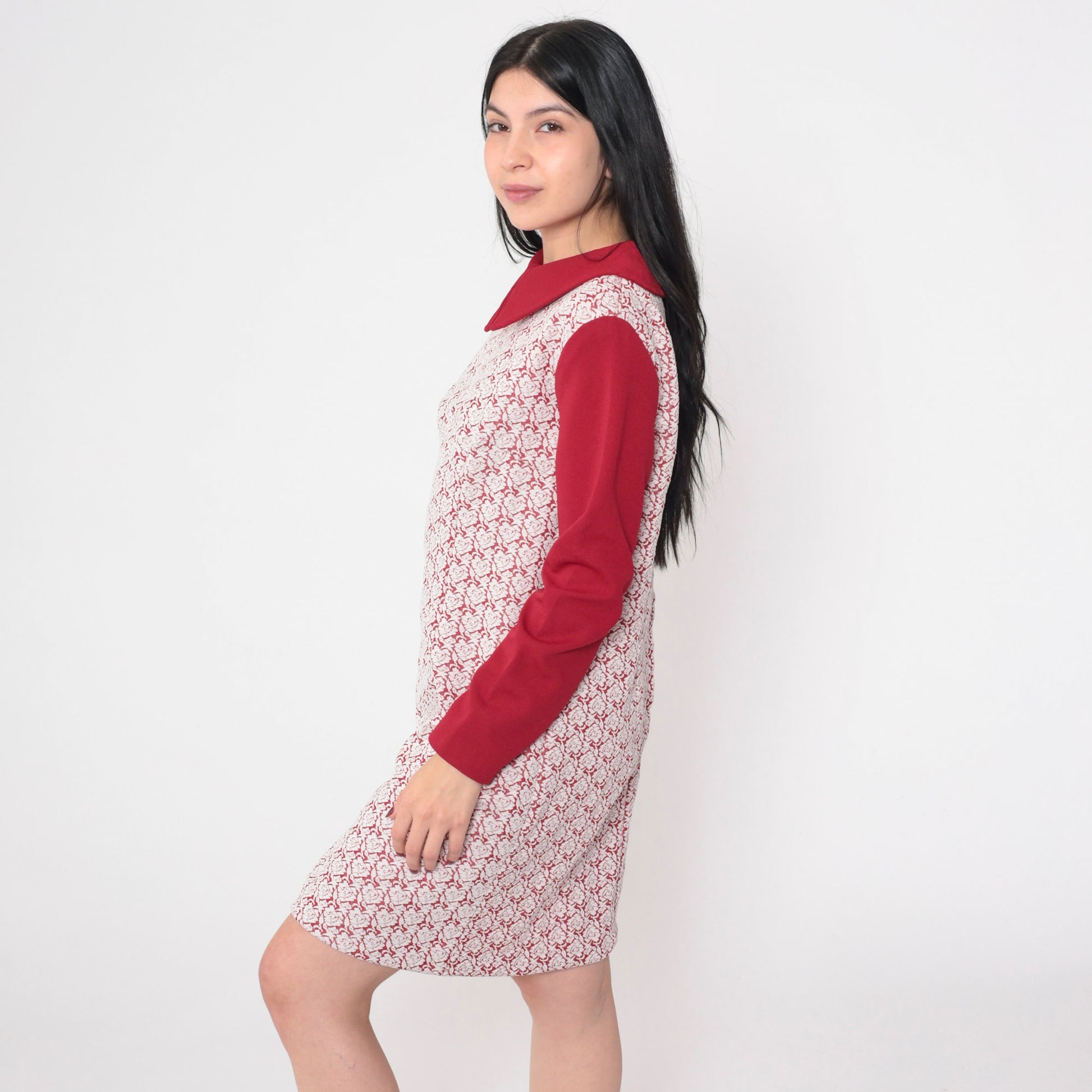 70s Red Heart Floral Mini Dress Collared Long Sleeve Shift Medium M