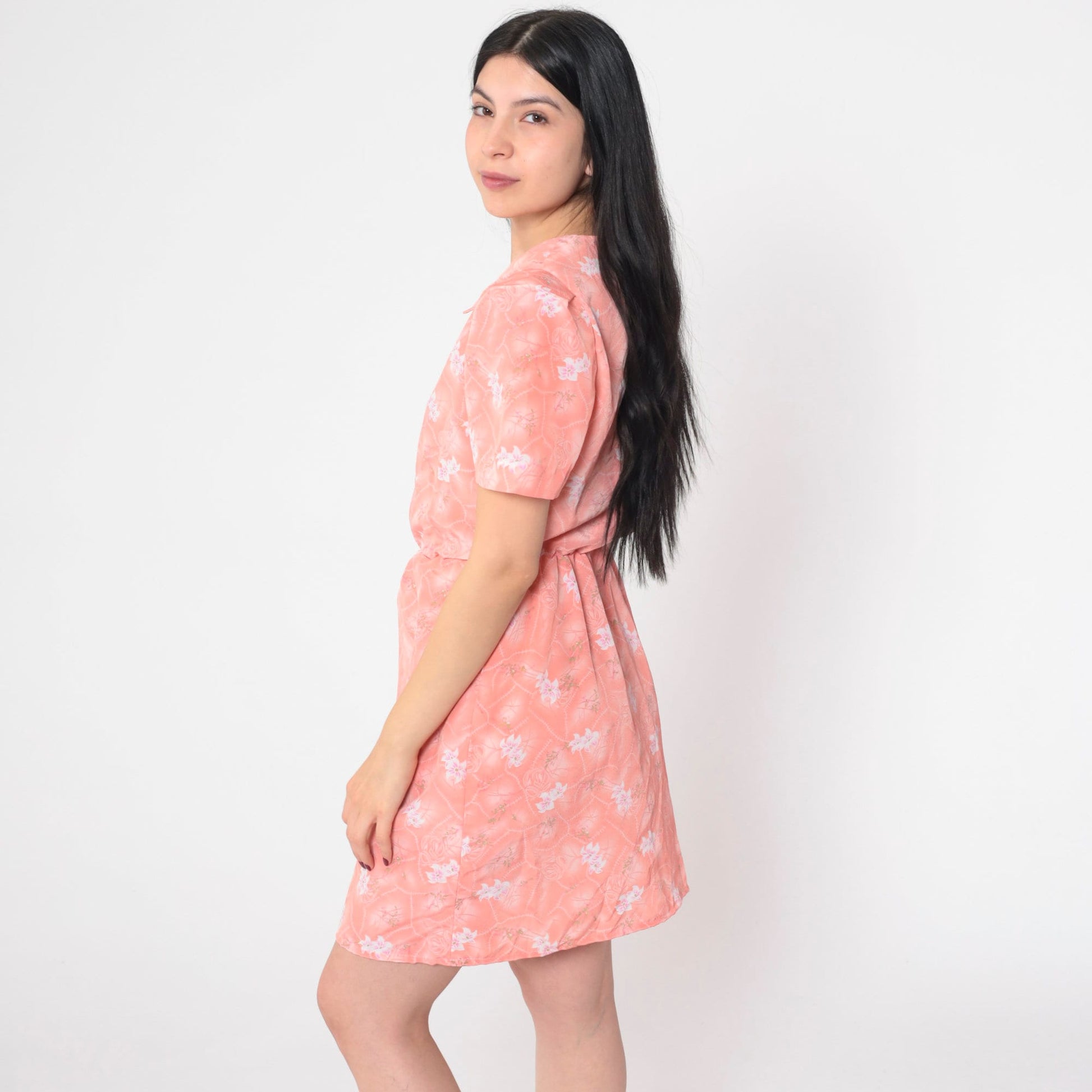 80s Pink Floral Mini Dress Puff Sleeve High Waisted Johnny Collar Small