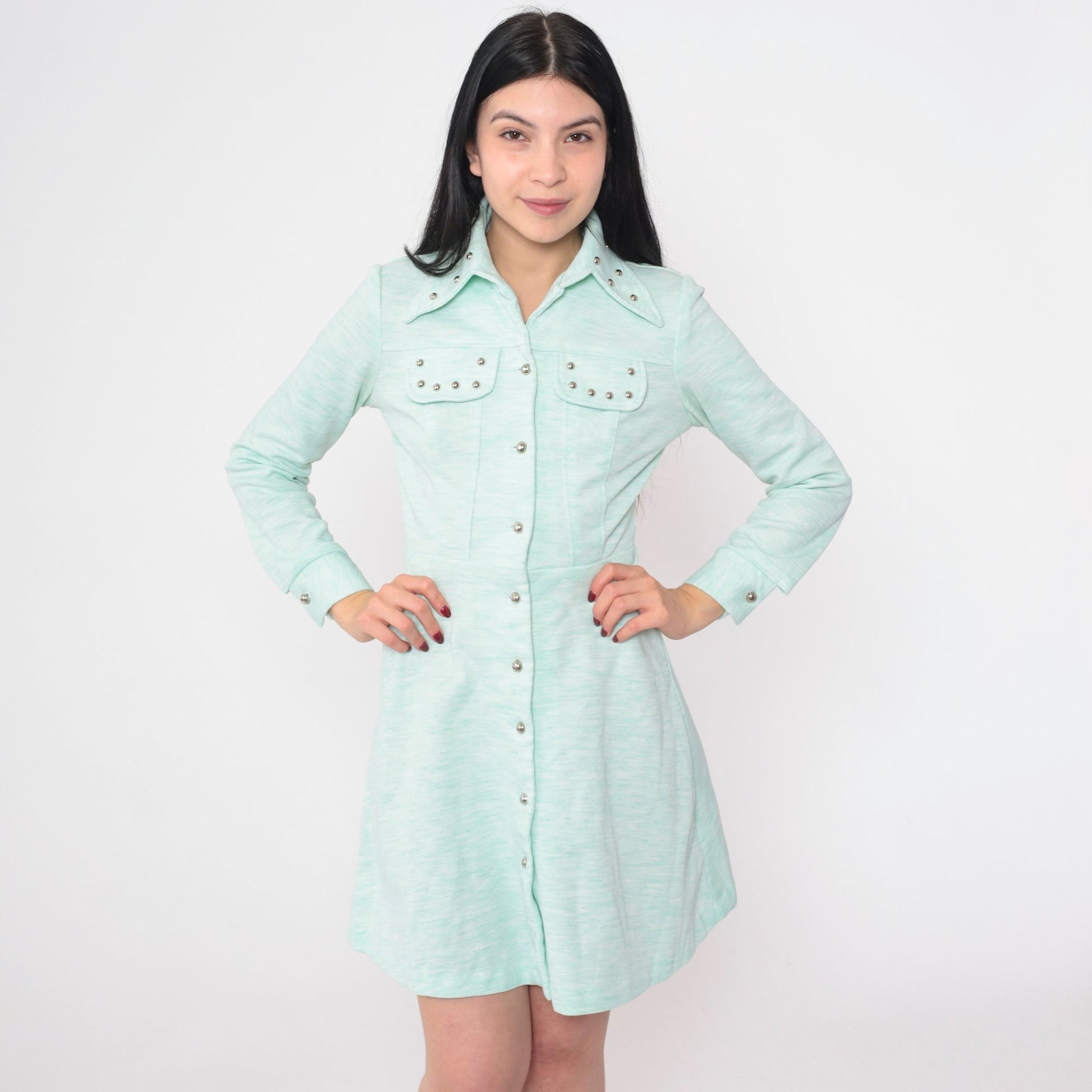 70s Studded Mint Button-Up Minidress Long Sleeve Collared Extra Small