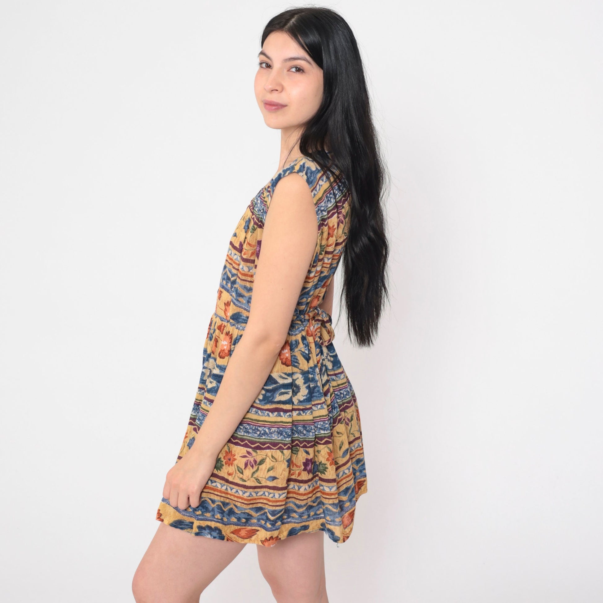 90s Floral Striped Mini Dress Sleeveless High Waist Button Front Petite Medium