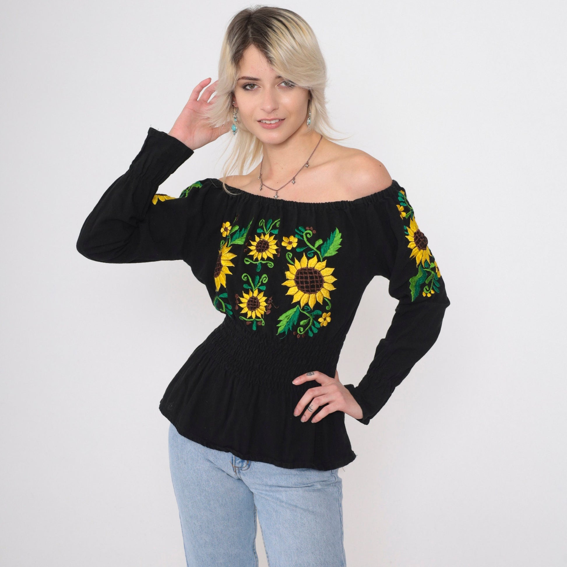 90s Mexican Embroidered Blouse Black Off-Shoulder Sunflower Smocked Small