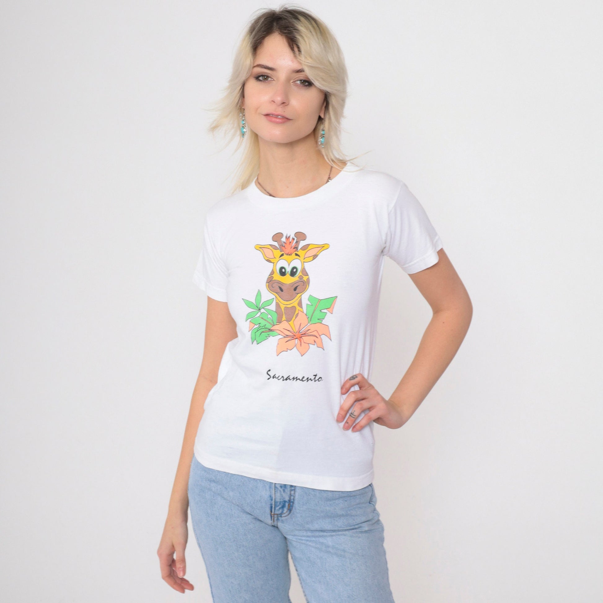 90s Sacramento Zoo Giraffe T-Shirt White Graphic Tee Appliqué XXS