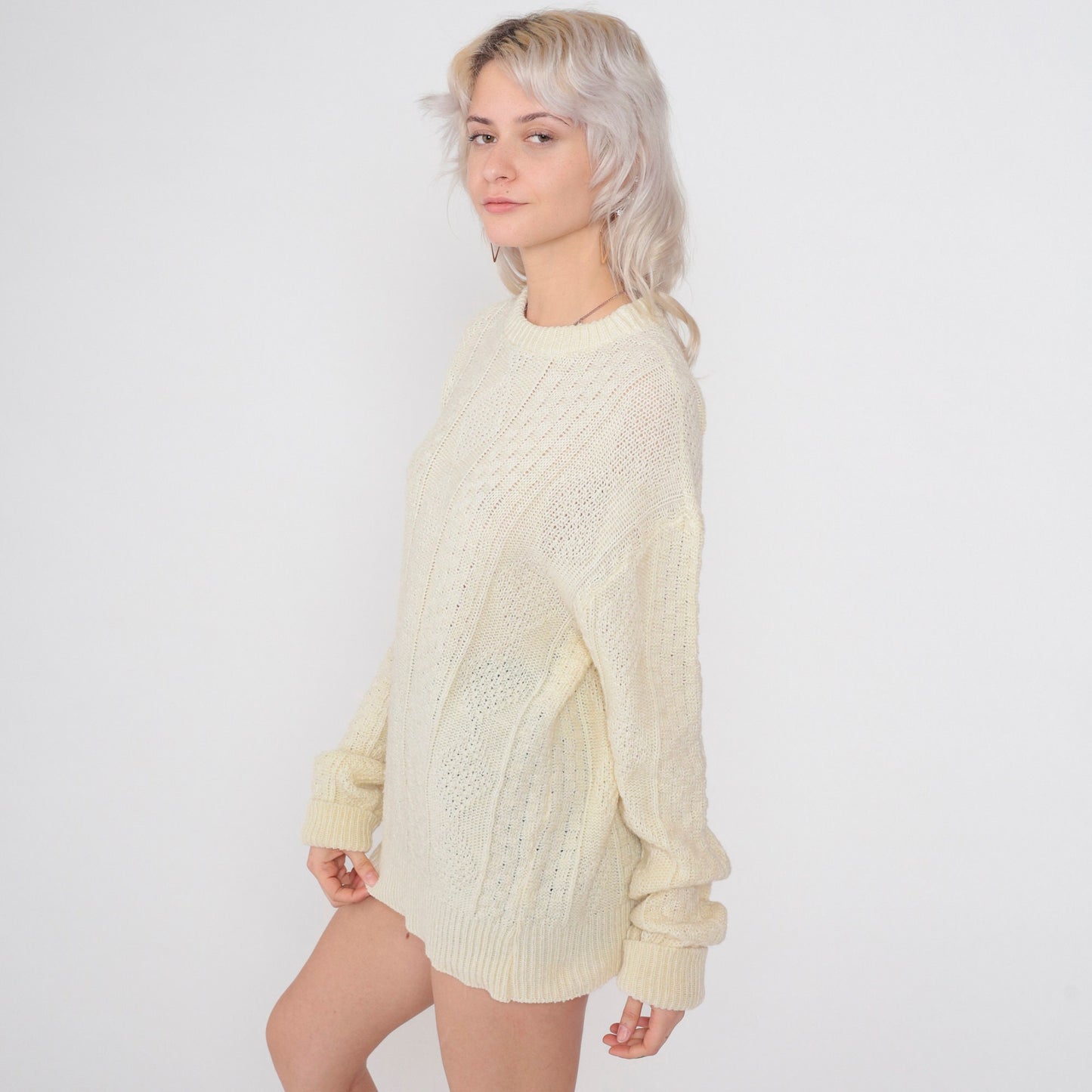 80s Cream Diamond Knit Pullover Sweater Textured Crewneck Large