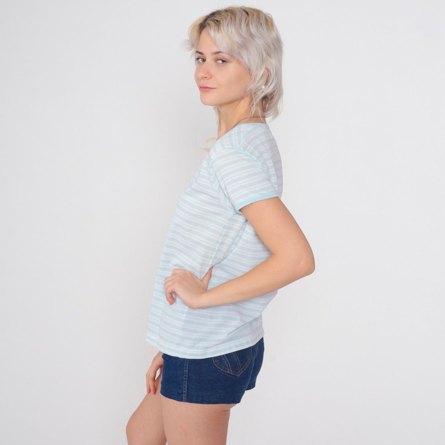 80s Striped V-Neck T-Shirt Baby Blue White Cotton Ringer Tee Medium