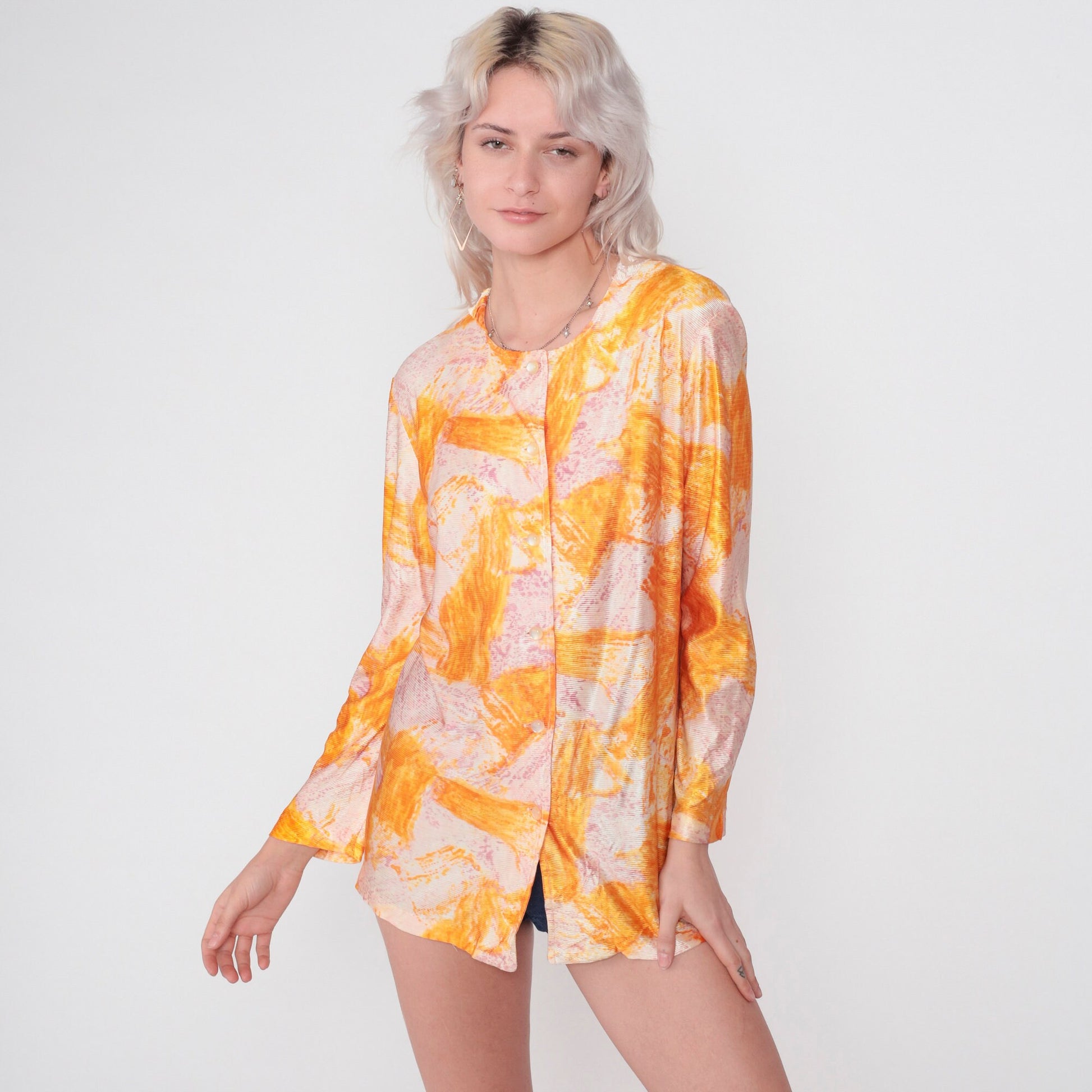 70s Abstract Brushstroke Print Blouse Long Sleeve Button Up Orange Purple Medium