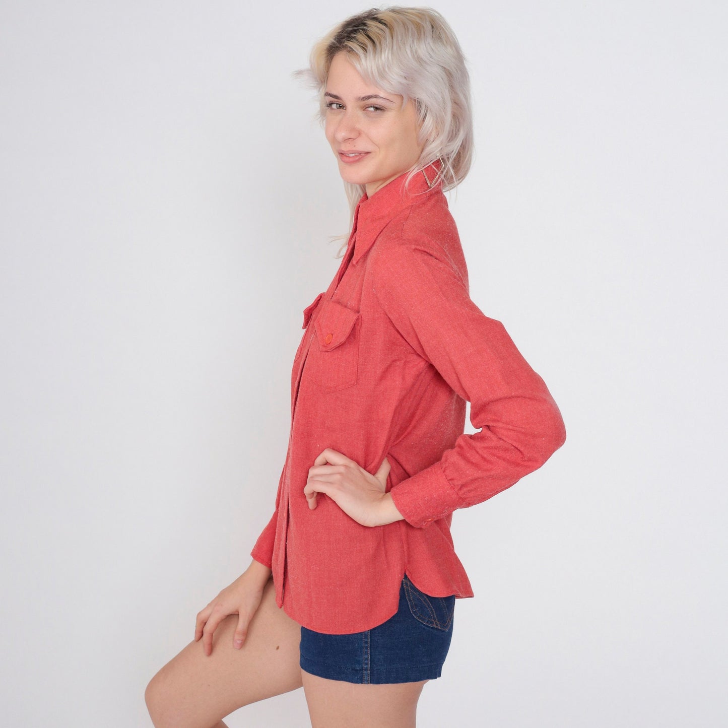 70s Lady Manhattan Red Button-Up Blouse Dagger Collar Long Sleeve Medium