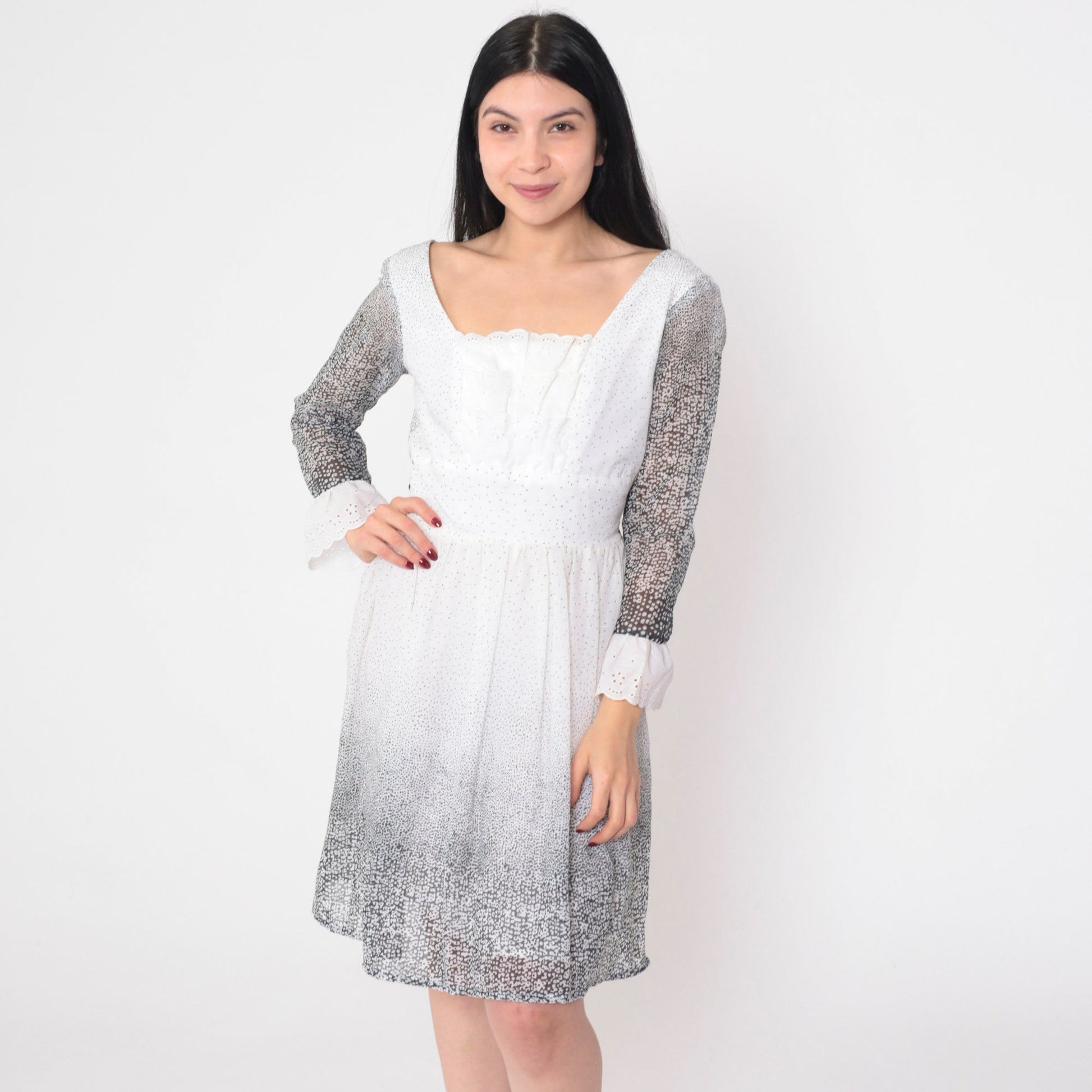 70s Black and White Eyelet Lace Mini Dress Long Sleeve Bow Small Medium