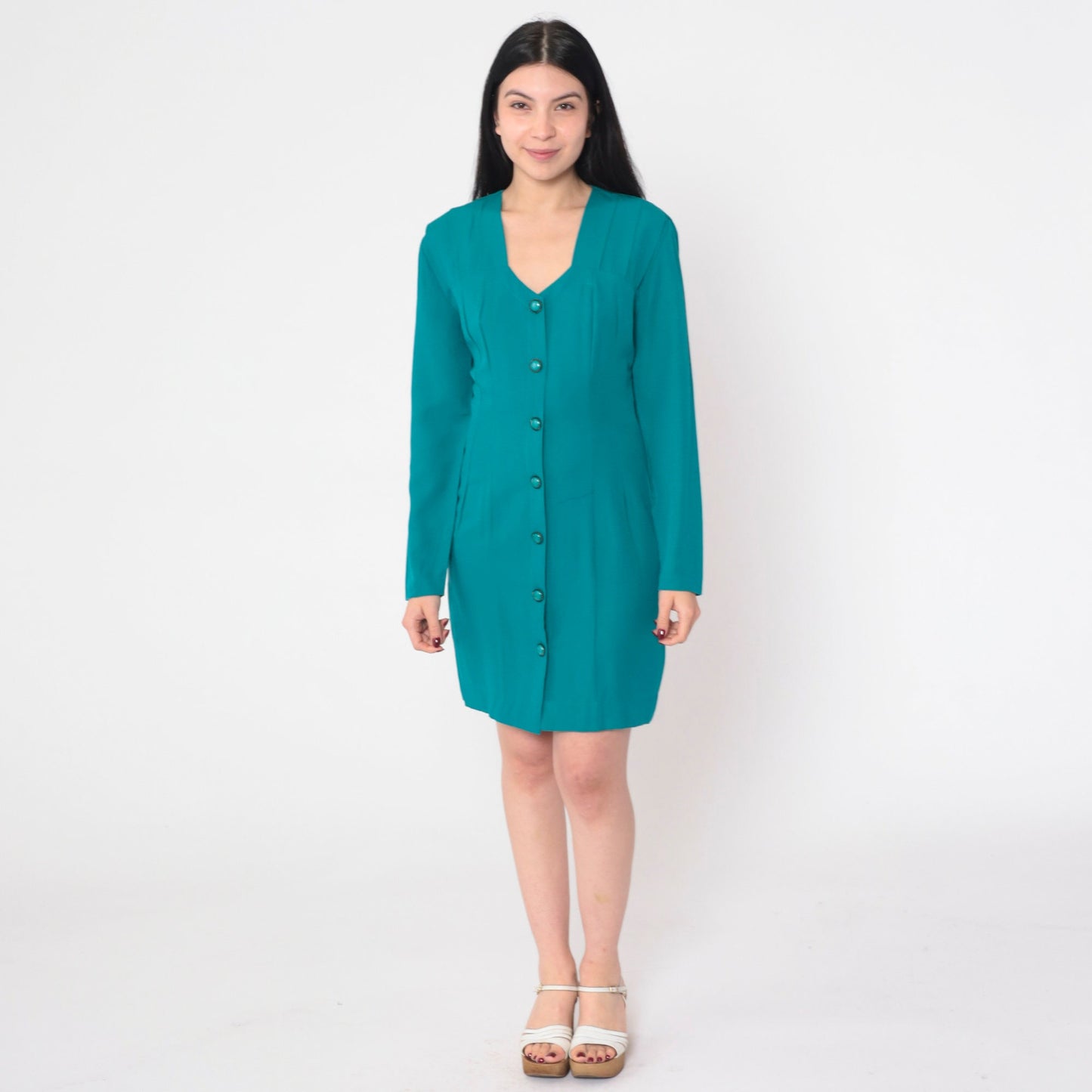 90s All That Jazz Teal Mini Dress Button-Up Long Sleeve V-Neck Small S