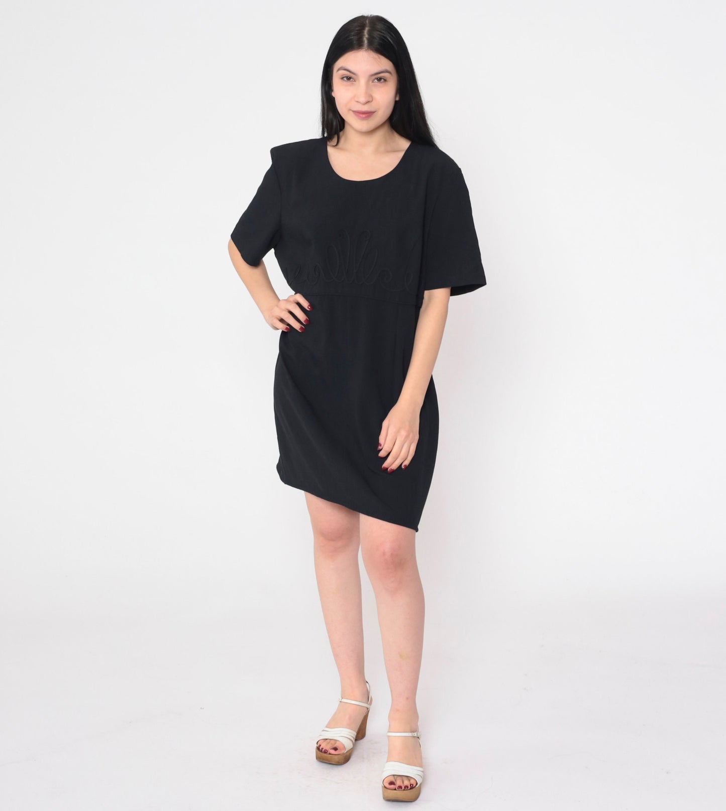 90s Kathie Lee Black Mini Shift Dress Soutache Trim Short Sleeve Large