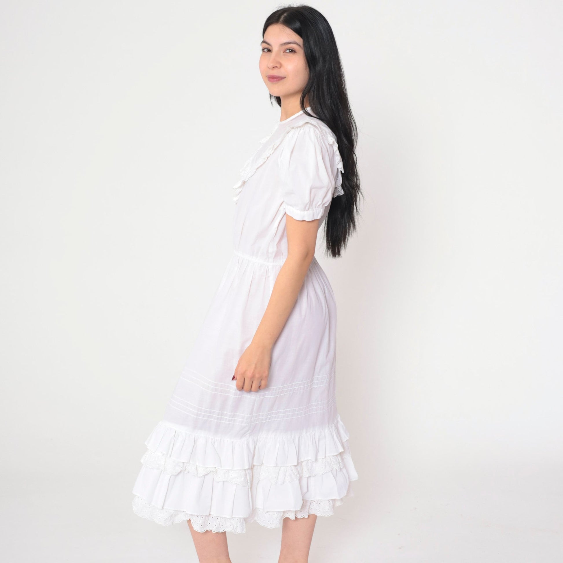 70s Jody White Eyelet Midi Dress Puff Sleeve Lace Yoke Small