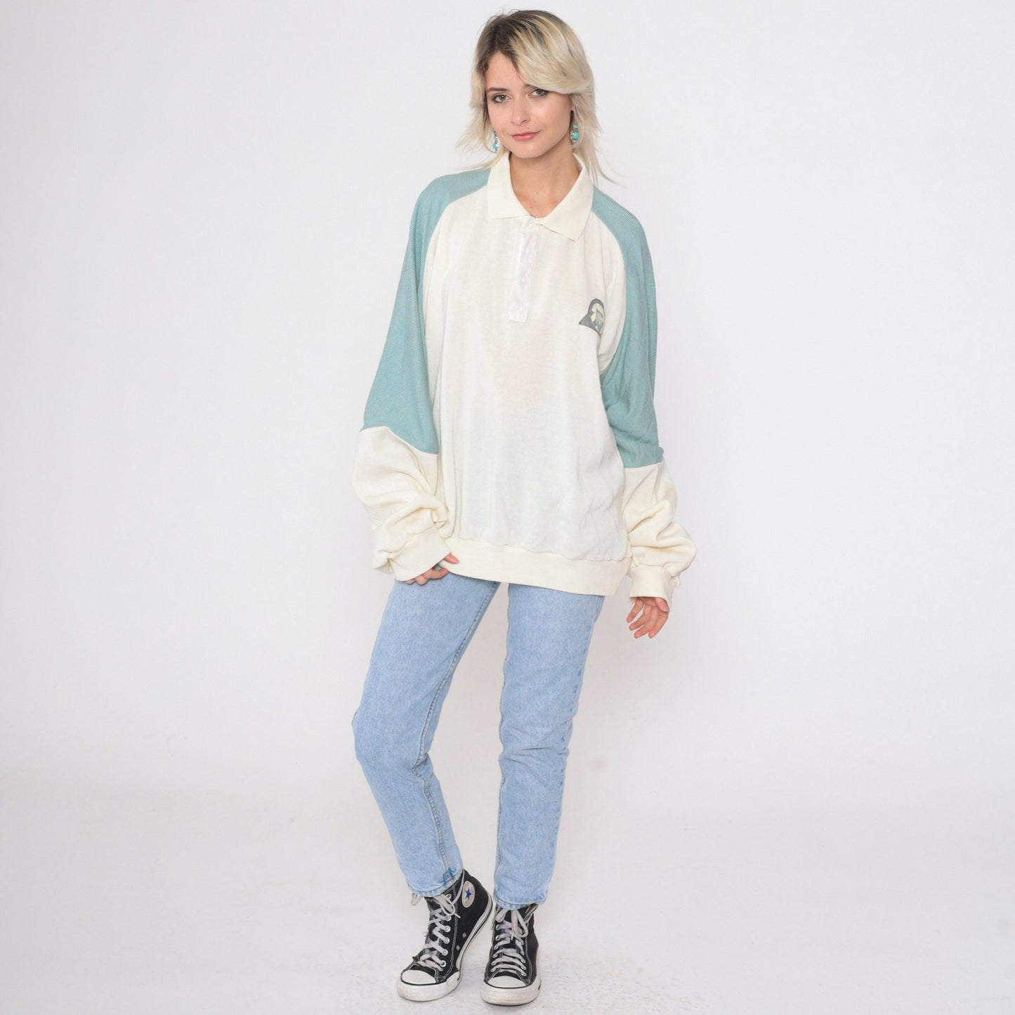 80s High Altitude Castle Mountain Raglan Sweatshirt Cream Striped Sleeve XXL