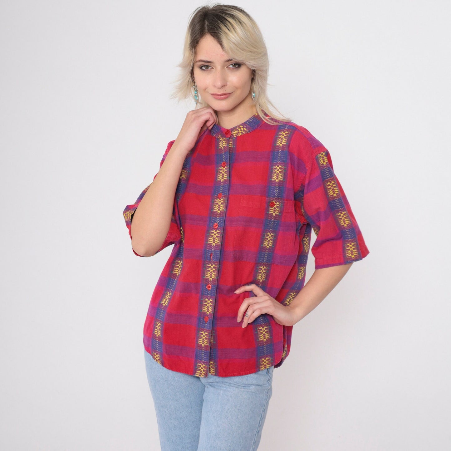 90s Backroad Blues Checkered Shirt Red Purple Geometric Embroidery Mandarin Collar Small