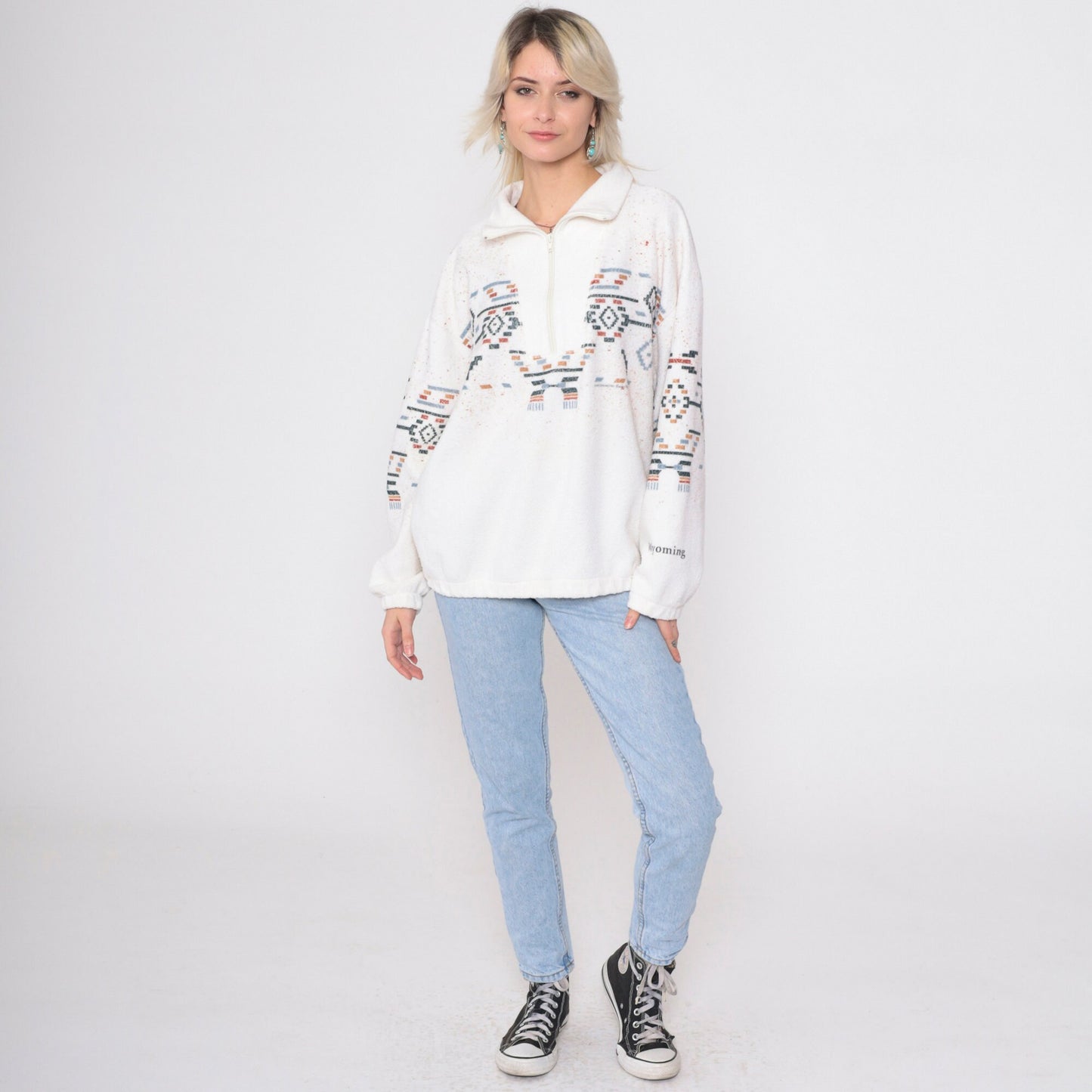 90s Art Unlimited Wyoming Southwestern Fleece Sweatshirt White Quarter Zip Large