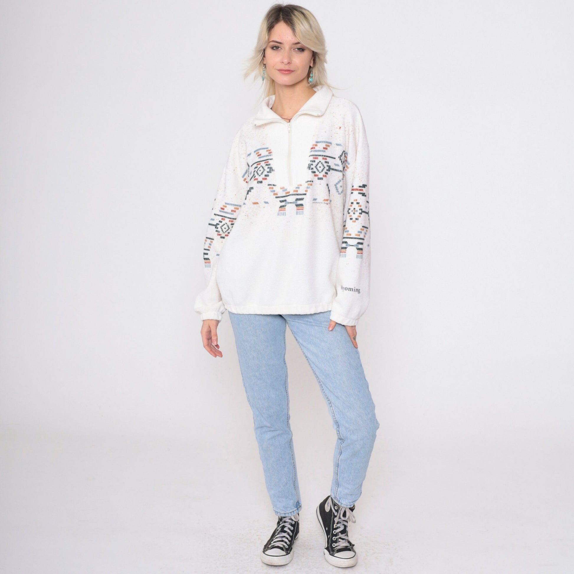 90s Art Unlimited Wyoming Southwestern Fleece Sweatshirt White Quarter Zip Large