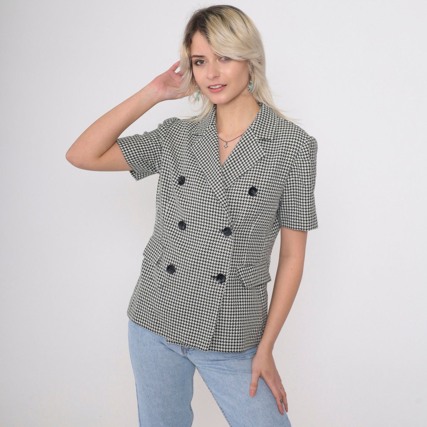90s Houndstooth Double Breasted Blouse Black White Checkered Button Up Small
