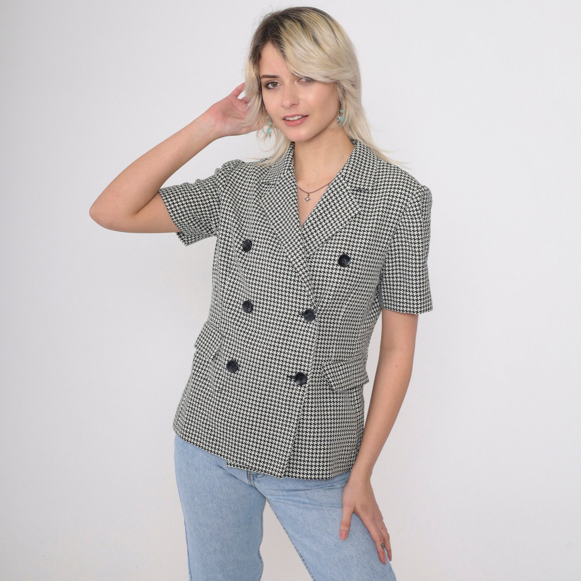 90s Houndstooth Double Breasted Blouse Black White Checkered Button Up Small