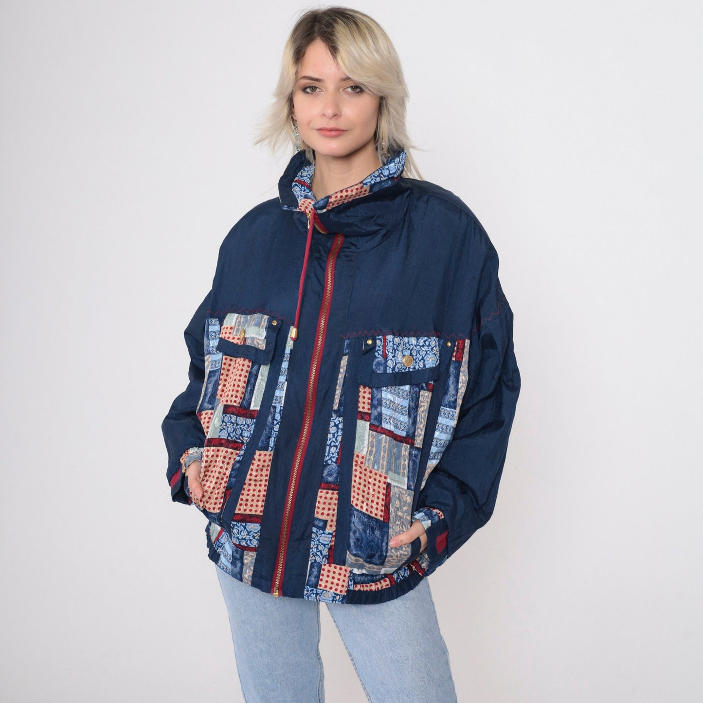 90s Patchwork Windbreaker Blue Zip Jacket Floral Geometric Polka Dot Large L