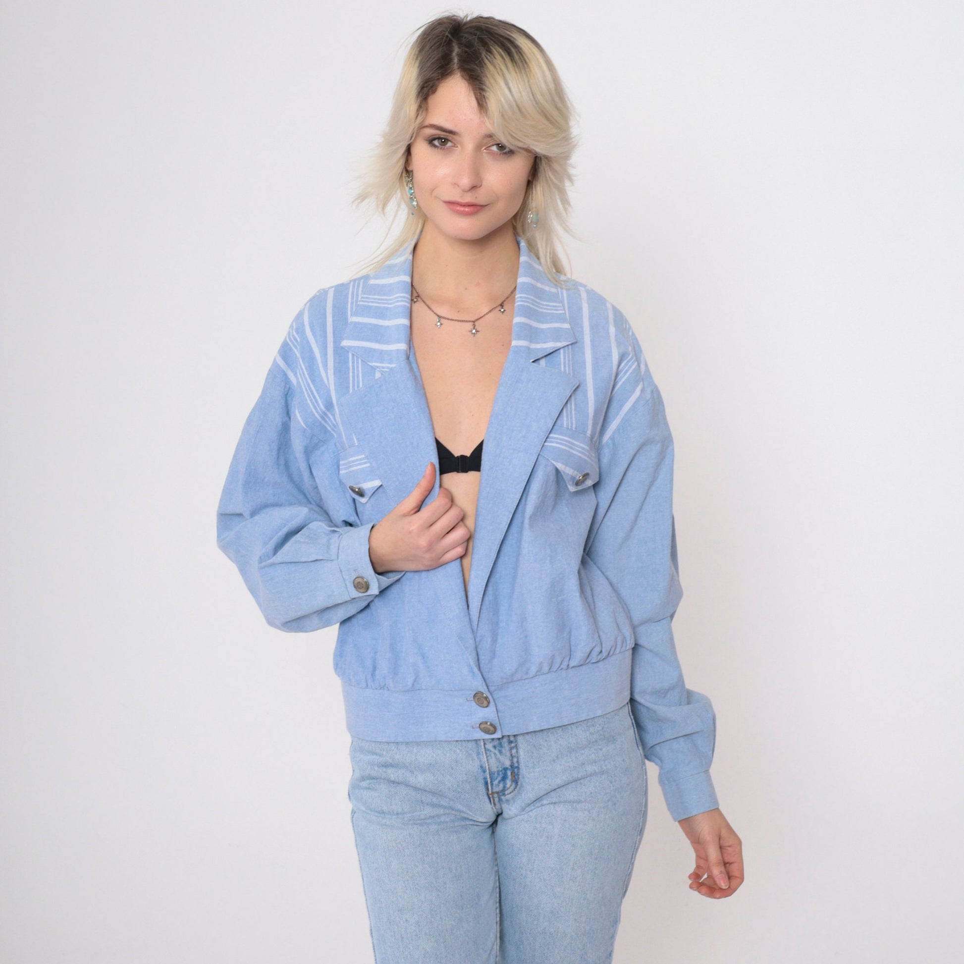 90s Ali Miles Chambray Blazer Blue Striped Deep V Neck Button Jacket Large