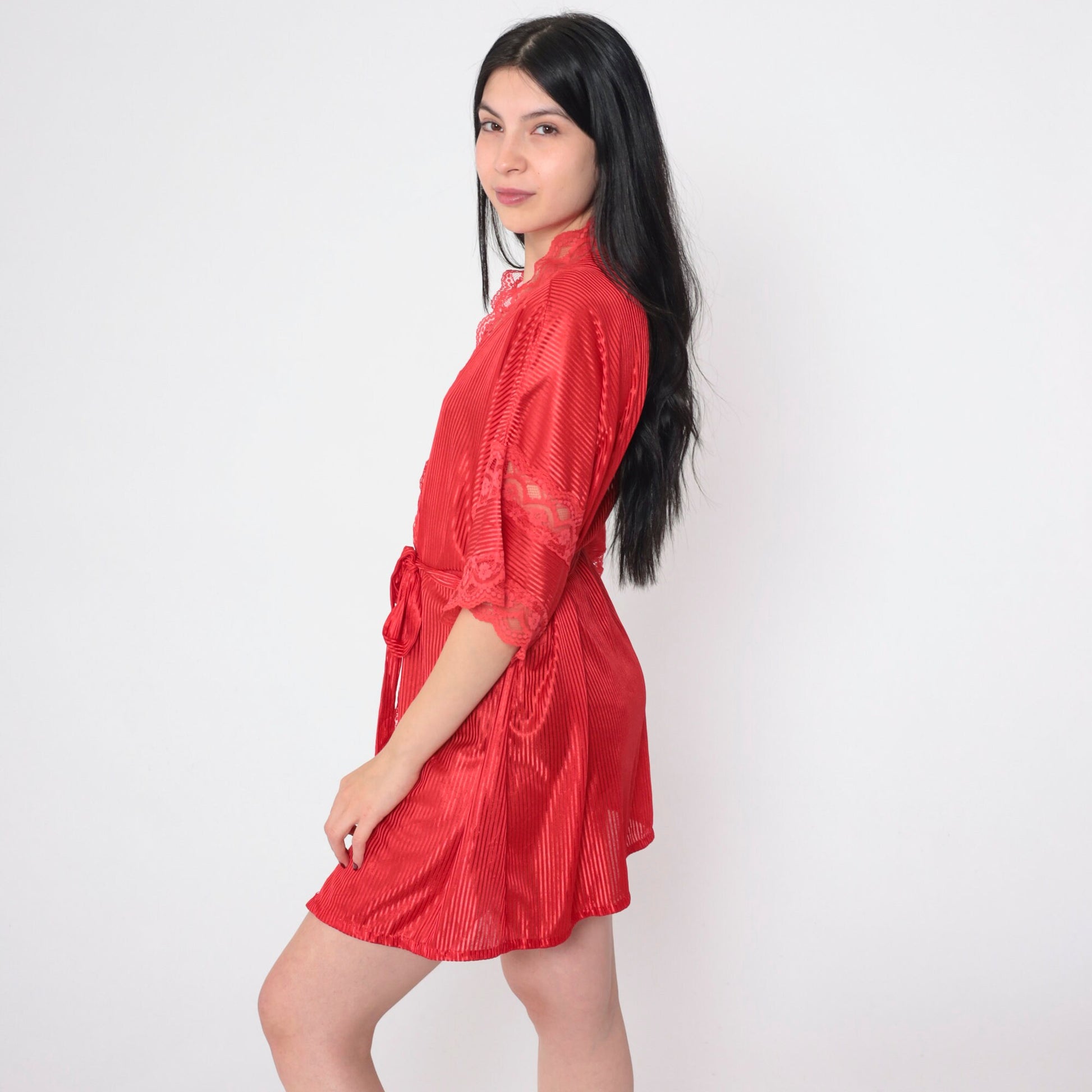 90s Fredericks of Hollywood Red Lace Striped Tie-Front Robe Mini Medium M