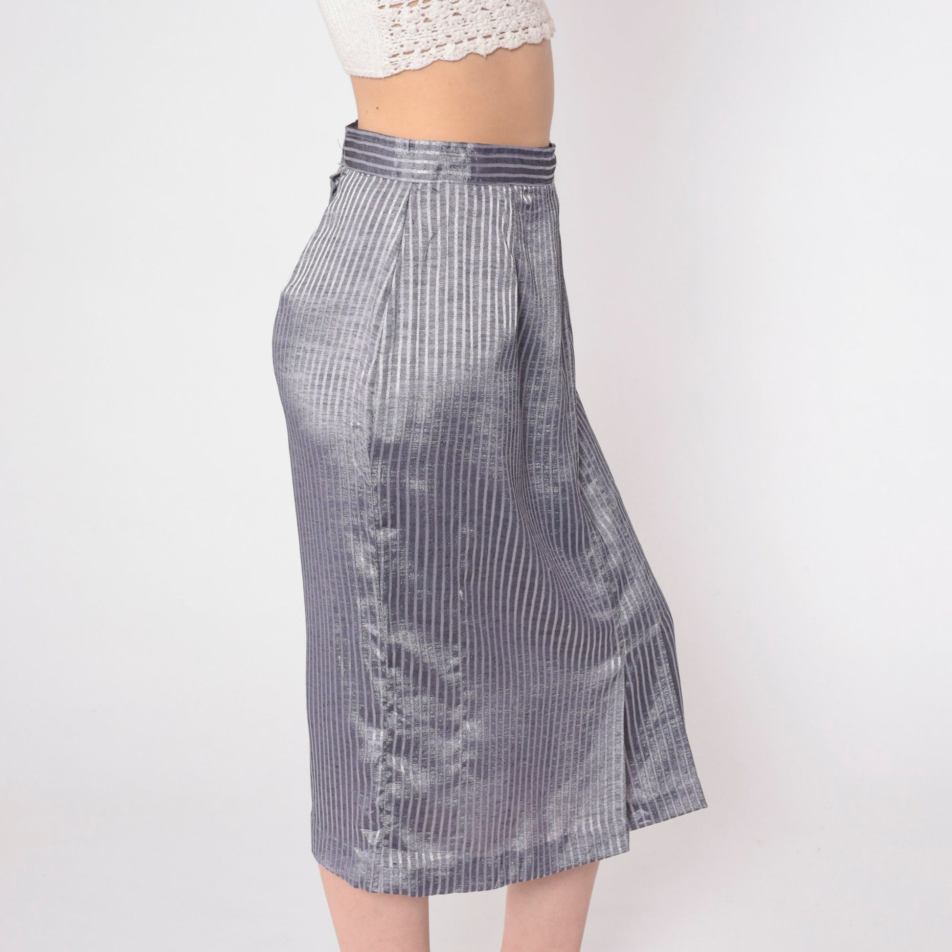 70s Pinstriped Grey Midi Pencil Skirt High Waisted Pleated Small