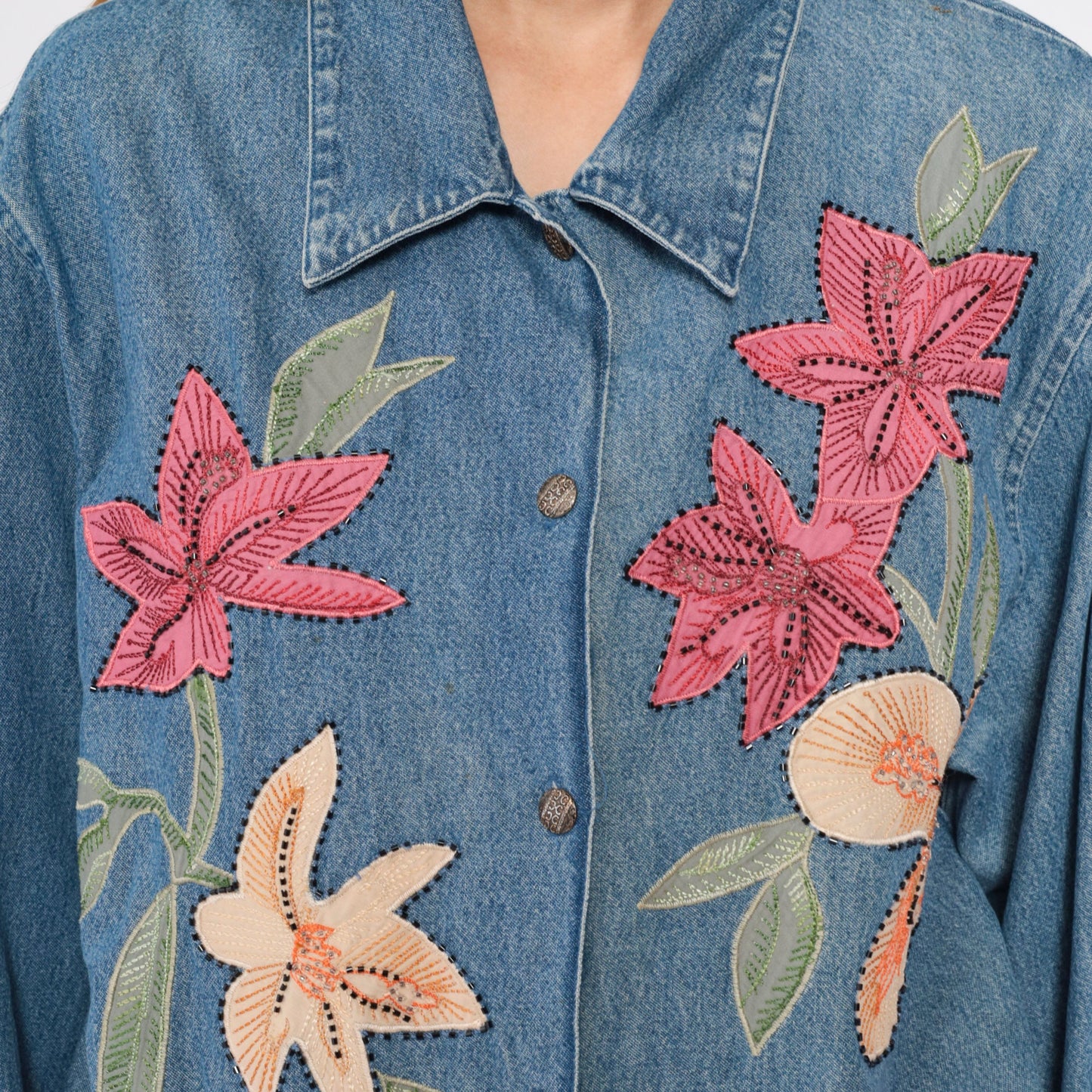 90s Tantrums Denim Jacket Floral Embroidered Beaded Blue Large