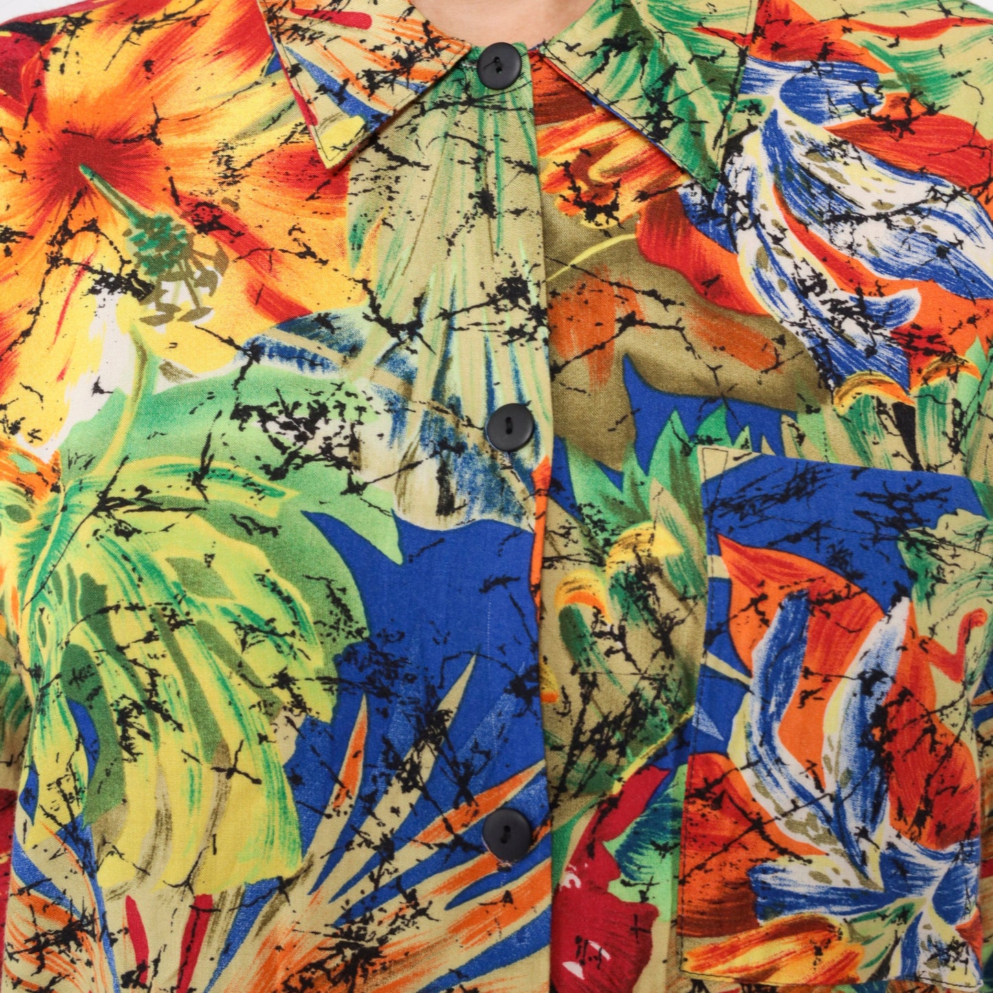 90s Tropical Floral Button-Up Blouse Red Black Marbled Print Short Sleeve Small