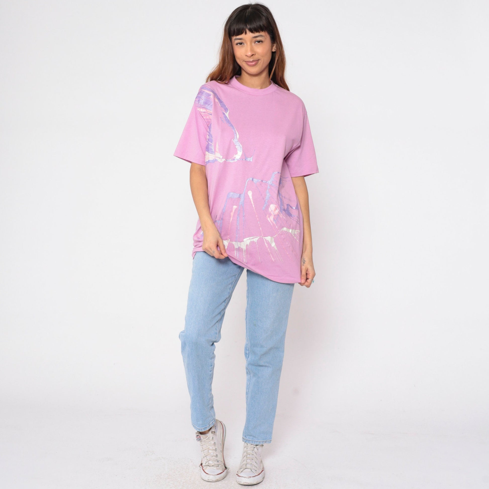 90s Pink Metallic Paint Splatter Graphic T-Shirt Single Stitch Large L