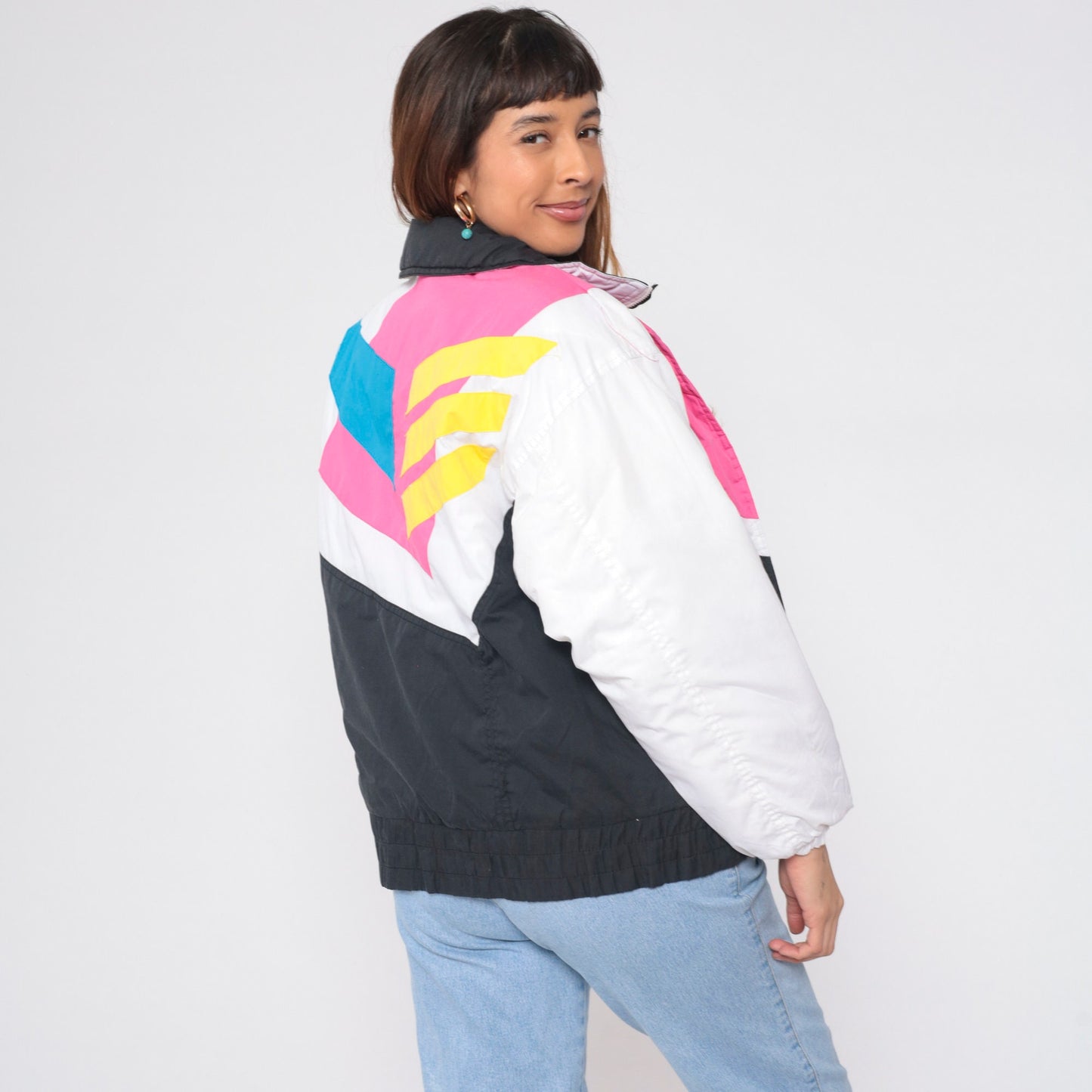 80s Geometric Colour Block Puffer Ski Jacket Black White Blue Pink Yellow Medium