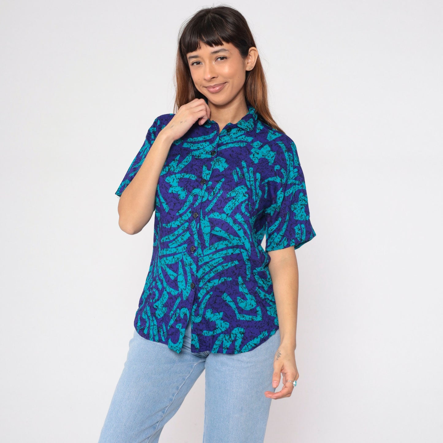 90s Abstract Marbled Button-Up Blouse Purple Blue Black Short Sleeve Medium