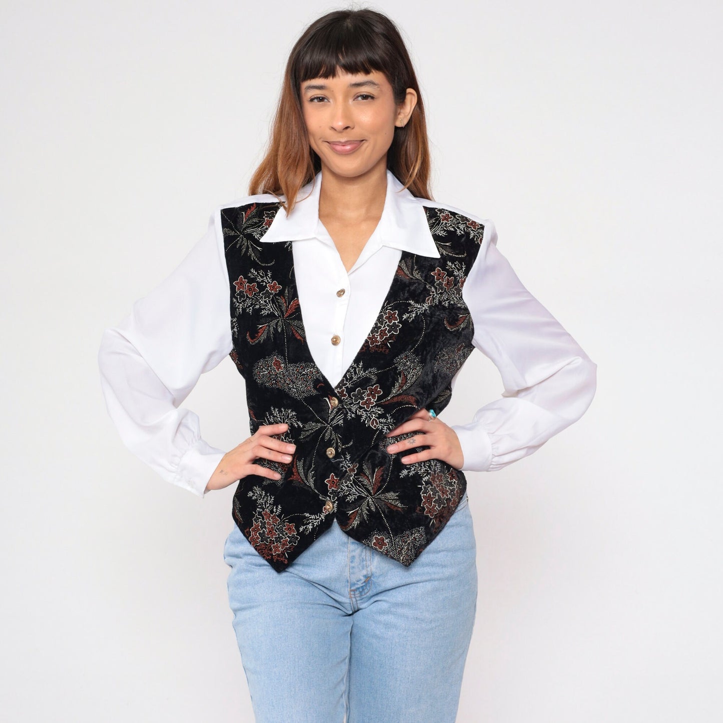 90s Joanna White Button-Up Blouse Black Floral Attached Vest Long Sleeve Large L